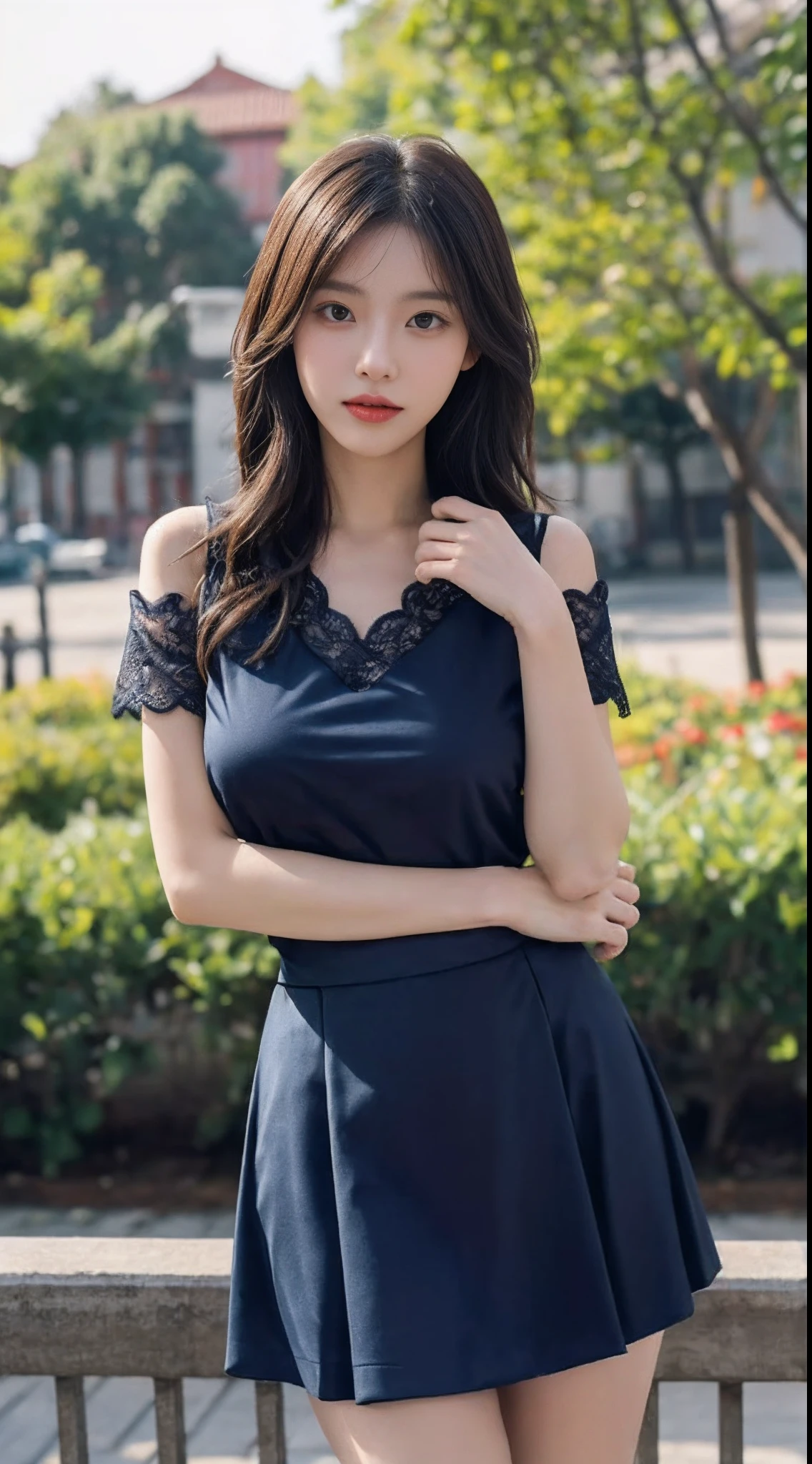 A perfect young female white-collar worker，Chinese big breasts，High picture quality，Works of masters，Black hair，Long hair shawl，Long hair flowing over the shoulders，Beach wave hairstyle，cropped shoulders，鎖骨，exquisite face，Hydrated red lips，（（Wear colorful and stylish summer sailor suits））（red colour，blue colors，green color，Violet-orange，In pink，amarelo，Printed clothing），Kurfo，，Colorful pleated skirt，white stockings，Magic starry sky dress，Lace skirt，Puff sleeve skirt，Tassel elements，Lace paneled elements，Openwork elements，Texture element，Real Human，CG rendering，16k，Stand up，Suzhou Garden，On the bridge，Do not show your hands，Close-up shot