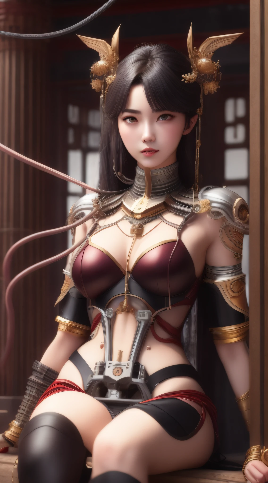 Best quality,masterpiece,ultra high res,(photorealistic:1.4),anime girl,shoulder,charming,Looking at the camera,xiuxian,weapon,east asian architecture,sheath,architecture,metal,intricate, ornaments detailed, machanical limbs,blood vessels connected to tubes,mechanical vertebra attaching to back,mechanical cervial attaching to neck,sitting,wires and cables connecting to head