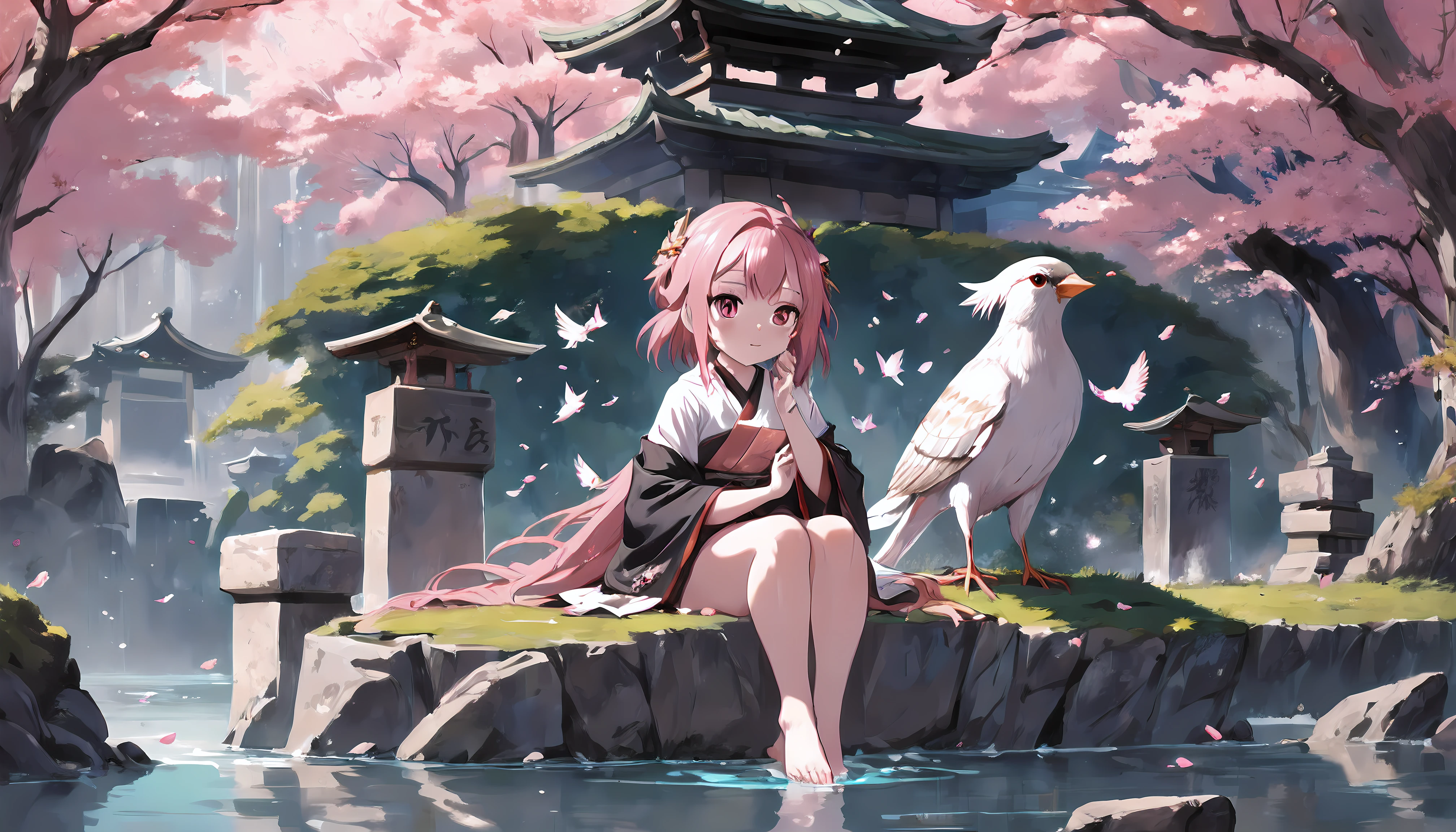 Japanese Female Shrine Goddess behind Japanese tori gate, Sunshine, sparrow chirping around, sitting on a stone at the center of water, one sparrow sitting on index finger, sparrow on girl head, pink cherry blossom leaves falling from the tree, pink eye pupils. pink hair, deer eating grass