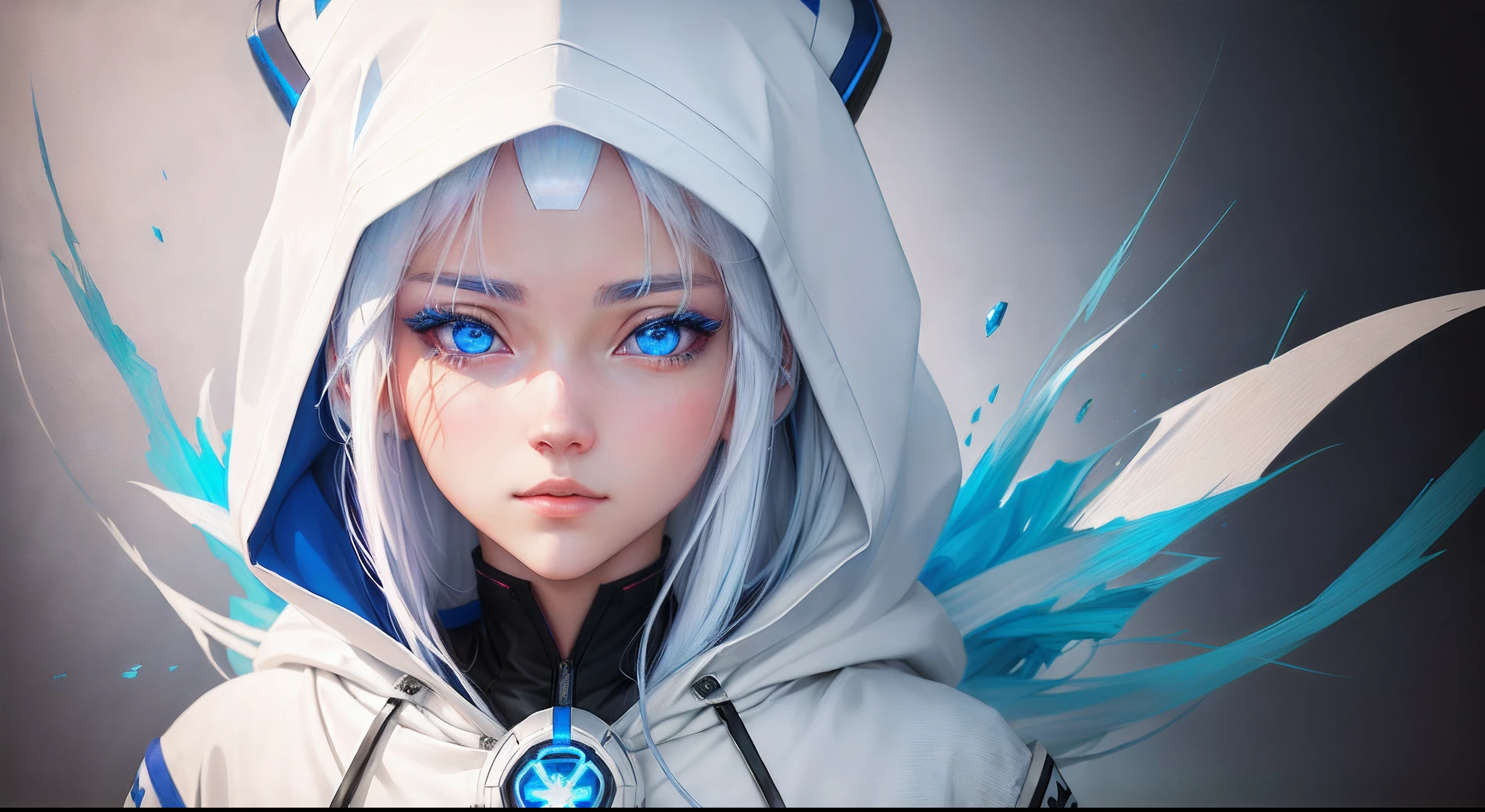 Anime girl with blue eyes and white hood and white hair, gwise style artwork made by anime painter studio, detailed portrait of anime girl, stunning anime face portrait, gwaiz, beautiful anime portrait, gwigwigs from art station pixiv, portrait anime girl, gwigs from pixiv oil painting