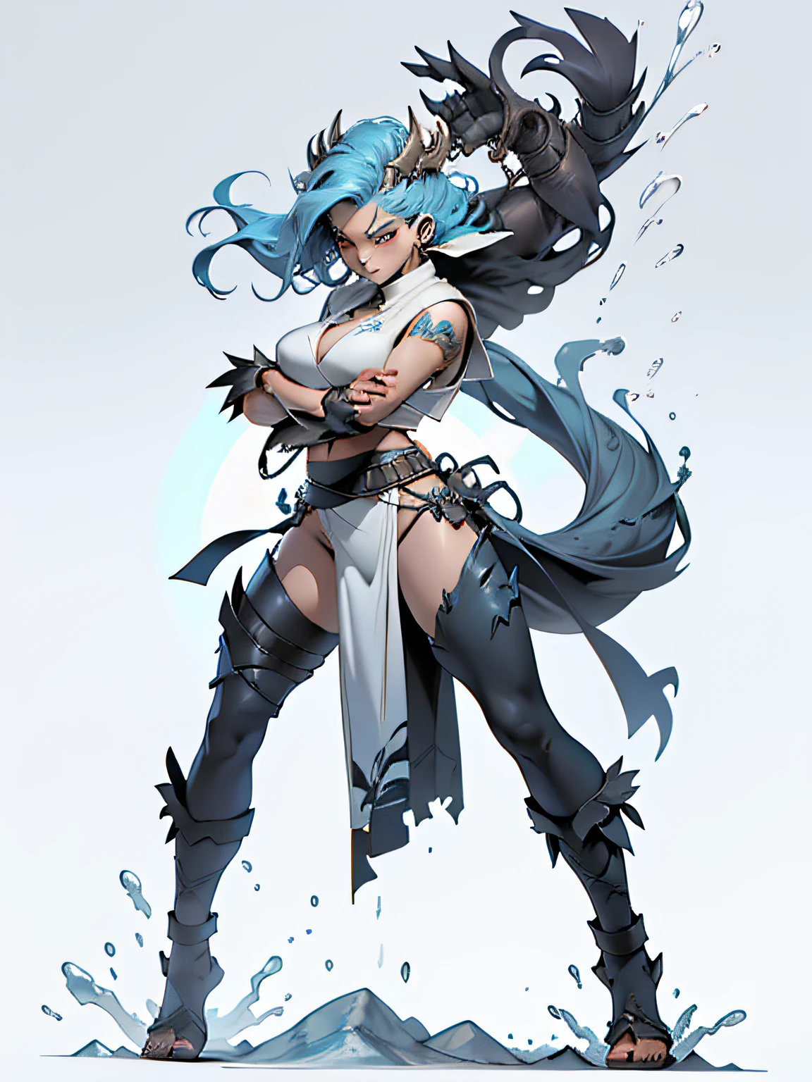 ((top-quality))、((tmasterpiece))、((Full body photo of a woman))、((very simple background))、(Game character design)、amazon warrior,Primitive barbarian tribal style,Water element chest shell,exposed navels,Animal skin clothing,cloaks,Blue clothes,Blue demon monster、monster design,(Water Goddess,Marine element merger)、Cartoony、Beastman、Ivory ornaments、独奏、Fighting posture,Riot game concept art