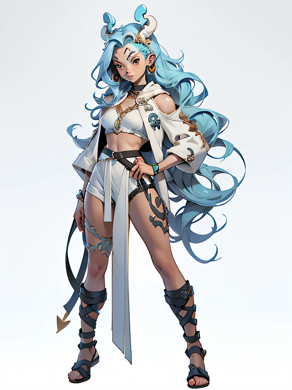 ((top-quality))、((tmasterpiece))、((Full body photo of a woman))、((very simple background))、(Game character design)、amazon warrior，Primitive barbarian tribal style，Water element chest shell，exposed navels，Animal skin clothing，cloaks，Blue clothes，Blue demon monster、monster design，(Water Goddess，Marine element merger)、Cartoony、Beastman、Ivory ornaments、独奏、Fighting posture，Riot game concept art