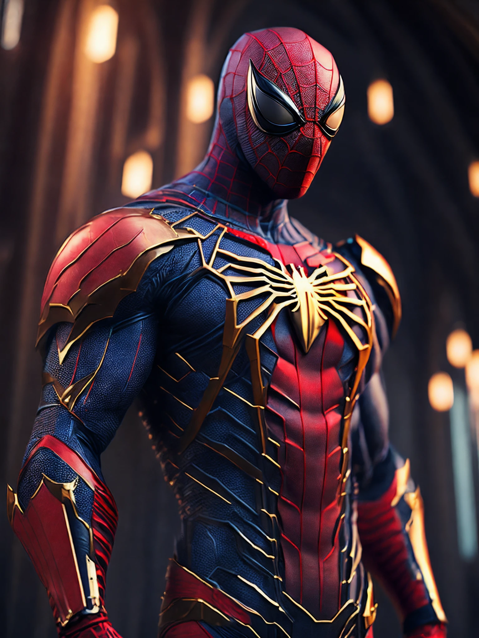 мрачный портрет Killer Spider-Man (The whole suit is covered in blood, Suit pieces tore gold clothes) da Marvel, with intricate and angular cybernetic implants inside a brutalist building, Gothic brutalist cathedral, Cyberpunk, Foto premiada, Bokeh, neon lights, Membro 4K Cyber ,