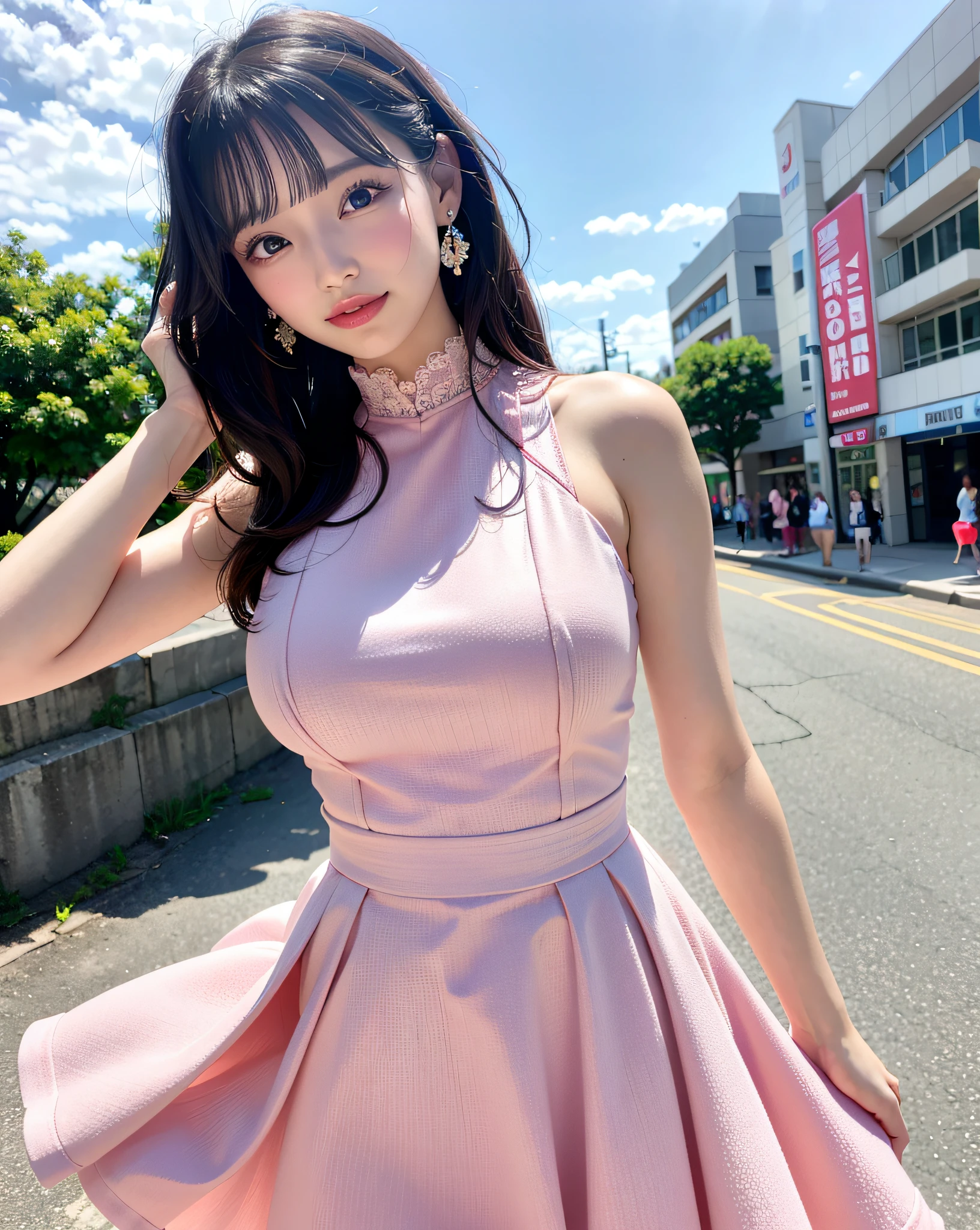 a woman posing on the street corner with pink dress on, best quality, high res, 8k, 1girl, (huge breasts), day, bright, outdoor, (street:0.8), (people, crowds:1), (lace-trimmed dress:1.5, pink clothes:1.5, pink high-neck dress:1.5, sleeveless dress, pink dress: 1.5), gorgeous, (medium hair), beautiful detailed sky, beautiful earrings, (dynamic pose:0.8), (upper body:1.2), soft lighting, wind, shiny skin, looking at viewer,