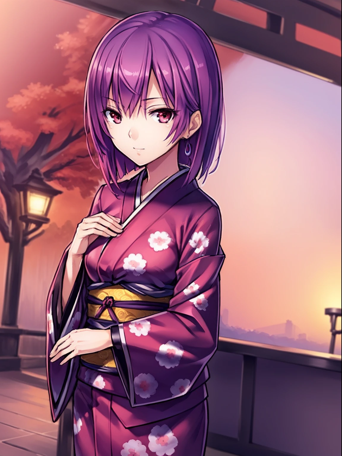 ((masutepiece)),(((Best Quality))), ((Ultra-detailed)), ((Illustration)), masutepiece, Best Quality, hight resolution, {Beautiful detailed eyes}, finely detail, 4k wallpaper, Beautiful detailed eyes, 
(Solo:1.1), (short purple hair, Red Eyes:1.0), (Kimono)