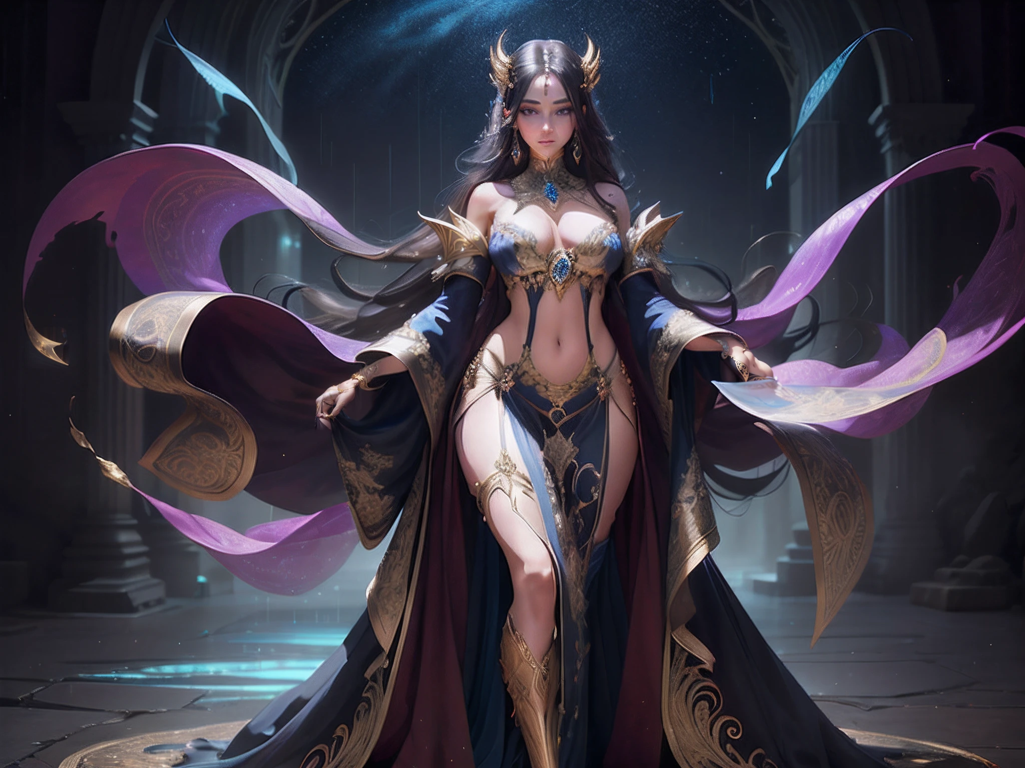 "Create a captivating female character exuding an aura of elegance and mystique. She stands in a pose that demands attention, exuding confidence and allure. Her attire consists of a stunning, ethereal gown adorned with intricate golden and silver filigree patterns that shimmer with an otherworldly glow. The dress is transparent, revealing a slender, hourglass figure with a navel-baring, slim waist.
Her long, flowing hair cascades in an ultra-detailed manner, each strand gleaming with vibrant colors that resemble the Milky Way. She wears high heels that accentuate her posture, and her attire is complemented by exquisite tiaras and jewelry, featuring precious gems that sparkle like stars in the night sky.
This scene is set in a realm of fantasy, where she stands at a Zhenyi station amidst a mesmerizing rainstorm site. The environment is filled with dynamic streaks and light tracks, adding to the enchantment of the moment.
The goal is to create a visually stunning character art piece, emphasizing the beauty of her ornate attire and the exquisite details of her jewelry, while also showcasing the dynamic and vibrant elements of her surroundings. The character should embody a sense of opulence and wonder, leaving viewers captivated by the richness of the scene."