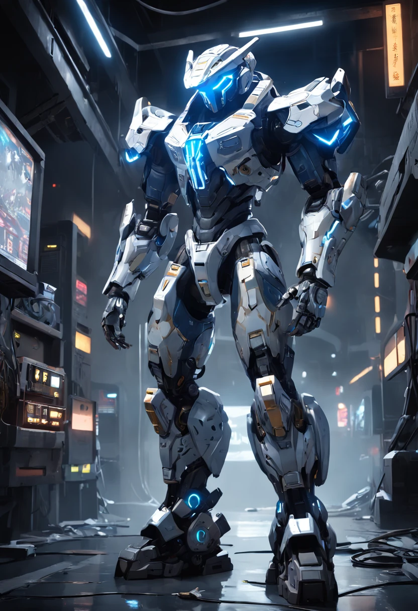 (Masterpiece, best quality), intricate details, photos, reality, Unreal Engine, (Mountaintop: 1.6) Gray Chrome and blue white Chrome Mech, helmet, armor, Robot, New, Cyberpunk warehouse, Computer terminal, Arc Electric, sp3ct4, Dark atmosphere, Light, Thunder