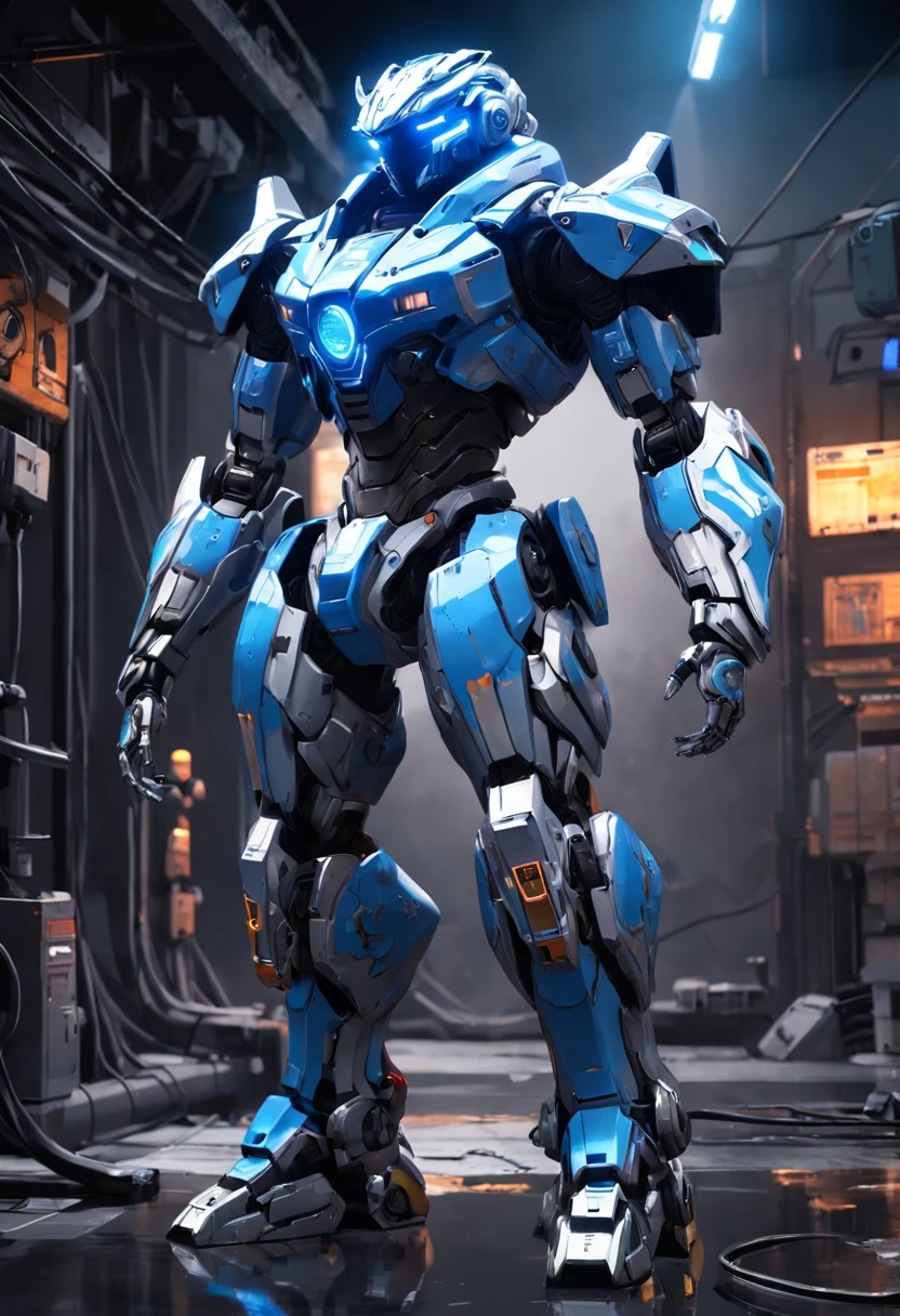 (Masterpiece, best quality), intricate details, photos, reality, Unreal Engine, (Mountaintop: 1.6) Gray Chrome and blue white Chrome Mech, helmet, armor, Robot, New, Cyberpunk warehouse, Computer terminal, Arc Electric, sp3ct4, Dark atmosphere, Light, Thunder