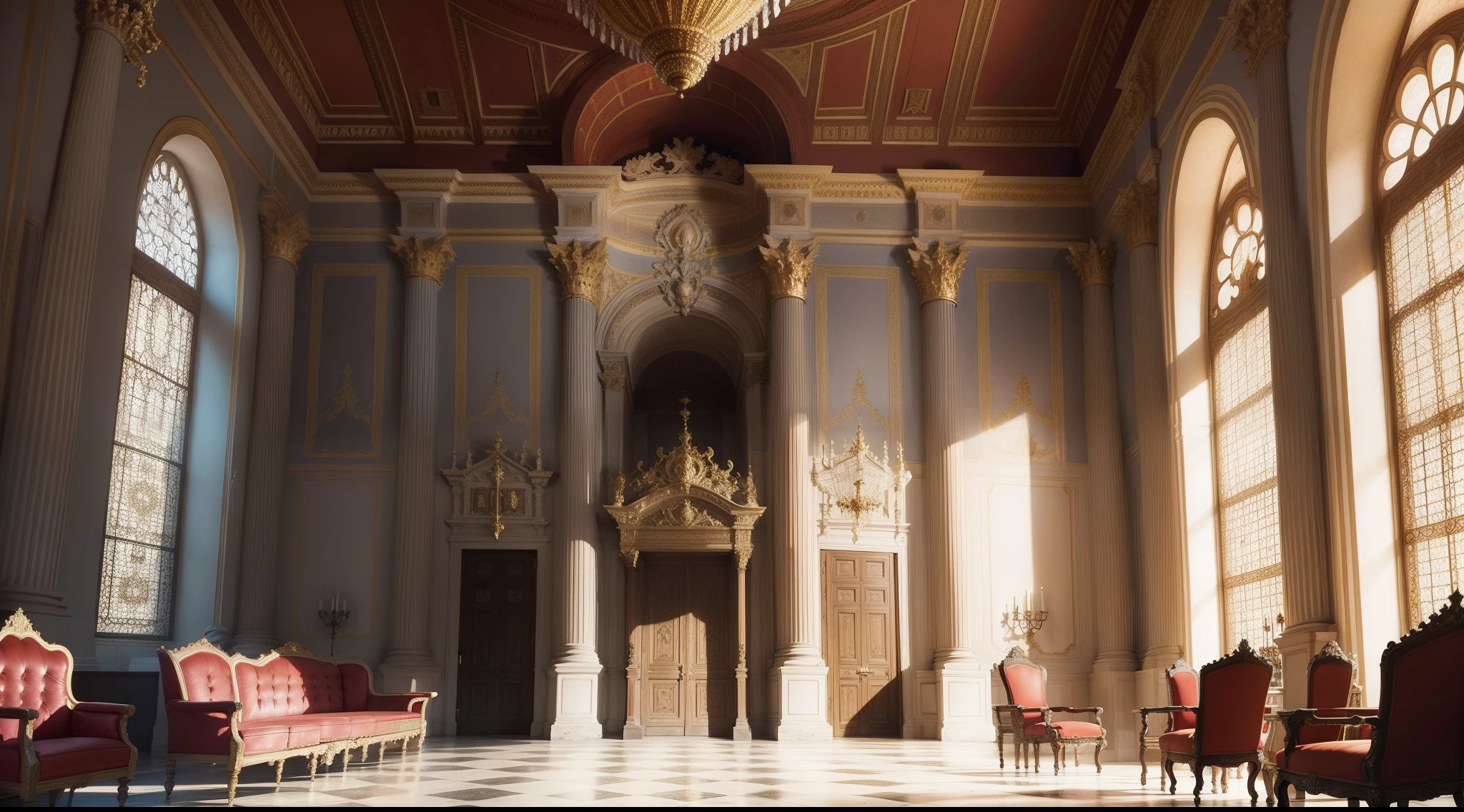 Spain palace lobby with king's seat, 16th century, renaissance, age of exploration, luxurious, grand