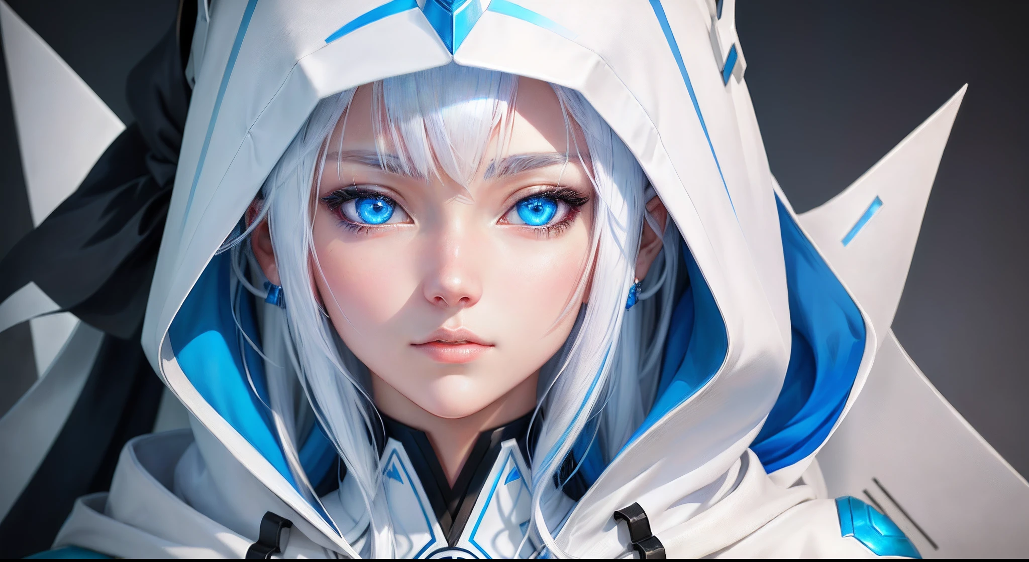 Anime girl with blue eyes and white hood and white hair, gwise style artwork made by anime painter studio, detailed portrait of anime girl, stunning anime face portrait, gwaiz, beautiful anime portrait, gwigwigs from art station pixiv, portrait anime girl, gwigs from pixiv oil painting