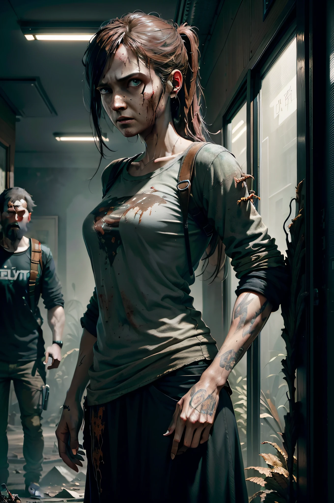 Zombies walking down the street with a woman with a gun in her hands, wojtek fus, photorealistic dark concept art, Amazing 8K character concept art, the last of us part 2, ultrarealistic concept art, the last of us,  Ellie, female lead character, in a post apocalyptic city, Cinematic. Realistic concept art of the character, Постер игры The Last of Us part 2