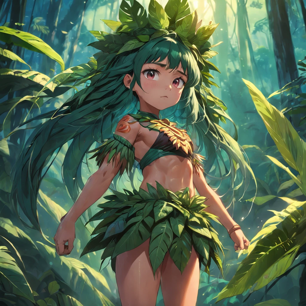 girl, dressed in clothes made of plants, child, amazon rainforest, amazon warrior, amazon guardian, strong, strong, pretty, cute, whole (body), whole (body), whole (body)