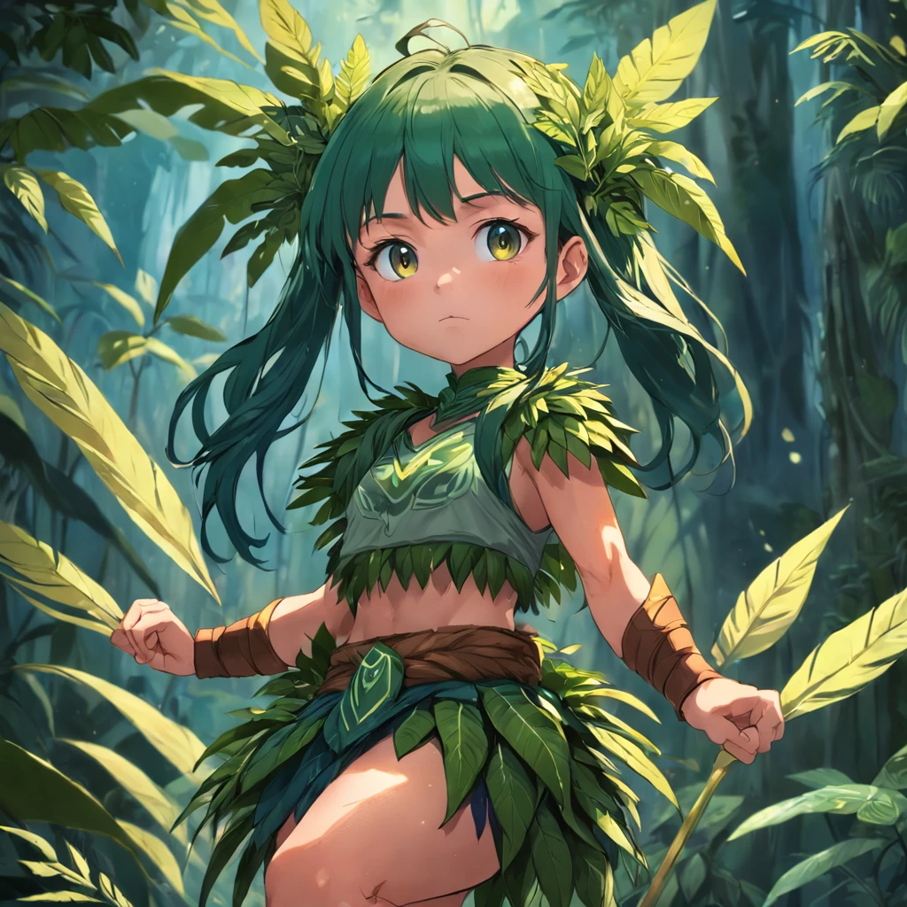 girl, dressed in clothes made of plants, , amazon rainforest, amazon warrior, amazon guardian, strong, strong, pretty, cute
