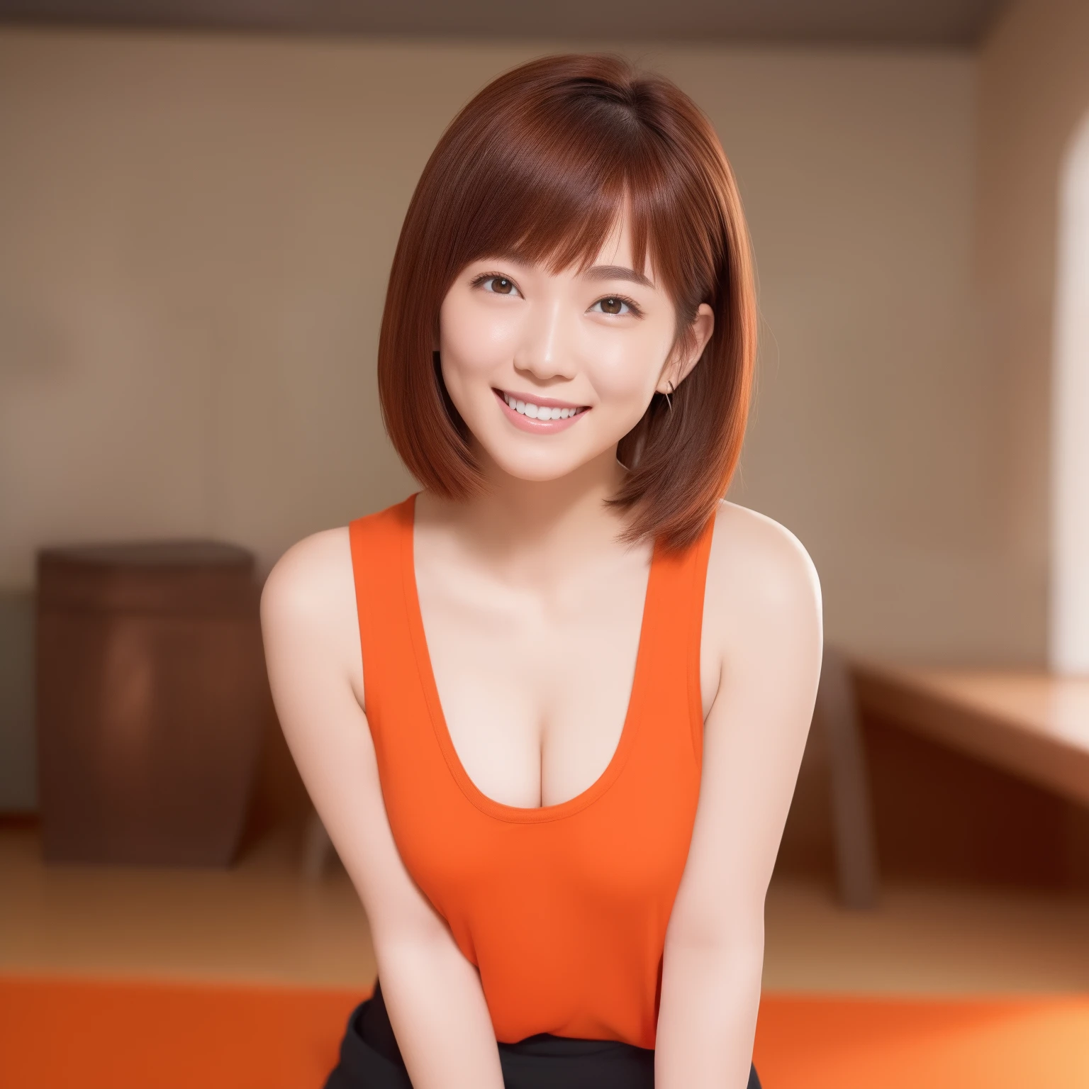 all-fours、Red tank top、Black miniskirt、a smile、kawaii、profetional lighting、Beautiful skin、Medium hair、orange color hair、tiny chest、full bodyesbian、