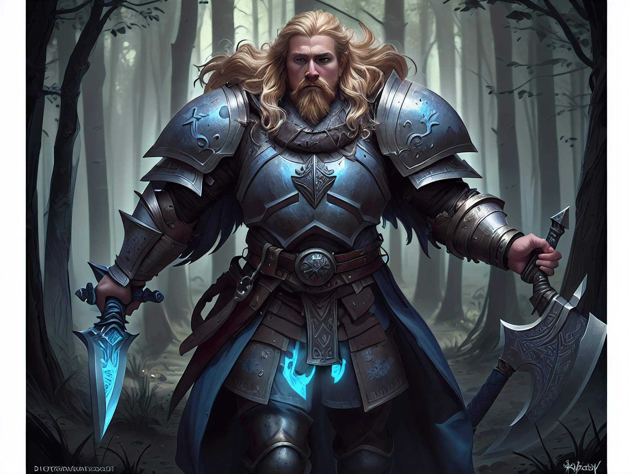 a picture of dwarf paladin of the crown protecting the palace, 1male dwarf, holy knight, protector of the crown, full body (best details, Masterpiece, best quality :1.5), blond hair, long hair, blond beard, full body (best details, Masterpiece, best quality :1.5), ultra detailed face (best details, Masterpiece, best quality :1.5), muscular, blond hair, long hair, braided hair, blue eyes, intense eyes, wearying heavy armor, white armor (best details, Masterpiece, best quality :1.5), purple cloak, flowing cloak, armed with an axe fantasyaxe axe, glowing axe, glowing runes on axe, GlowingRunes_paleblue,   fantasy palace background, D&D art, RPG art, magical atmosphere magic-fantasy-forest, ultra best realistic, best details, best quality, 16k, [ultra detailed], masterpiece, best quality, (extremely detailed), ultra wide shot, photorealism, depth of field, hyper realistic painting,