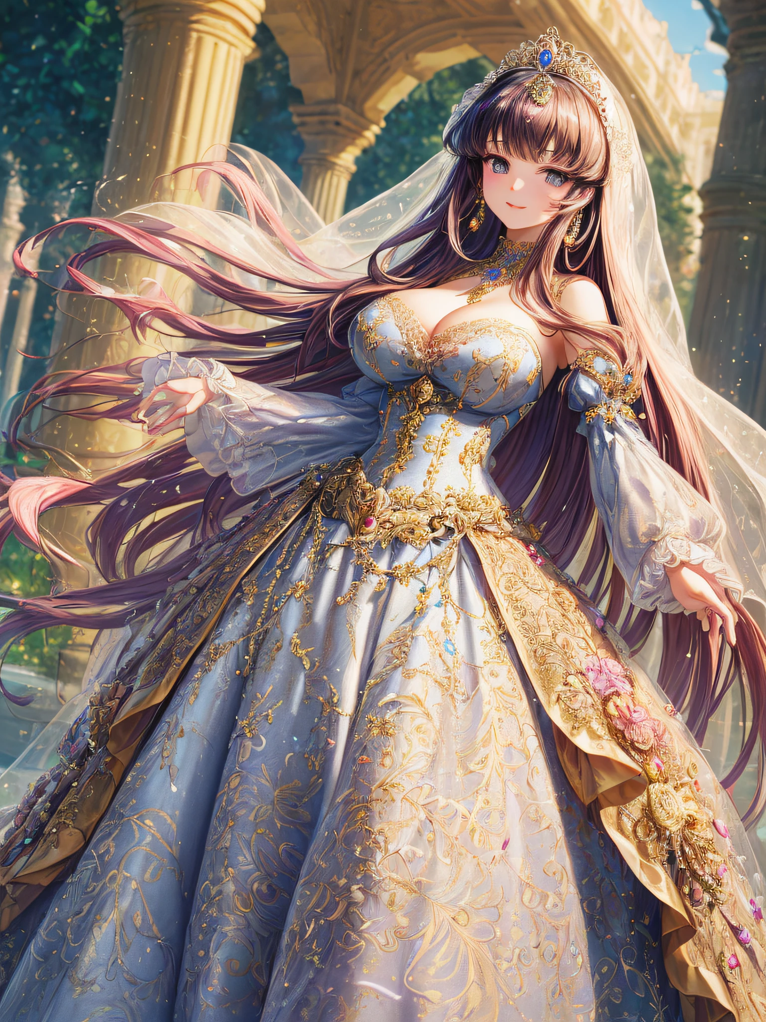 (masterpiece, best quality,extremely detailed,moe anime art style:1.2),1girl, (solo), cute, kawaii,digital art,((1 bling-bling anime princess wearing beautiful embroidery and jeweled gorgeous princess ballgown with voluminous full length hoop skirt)),((crinoline)),long train,voluminous frills,(gorgeous embroidery and beautiful lace),(very gigantic boobs,cleavage,skindentation),((shiny hair,absurdly voluminous straight hair,absurdly Long Hair)),(finely detailed face and eye),clear pupil,(bling-bling extremely gorgeousfull jeweled tiara),((bling-bling gorgeous gemstone jewelry)),long veil,((standing in beautiful garden)),flowers,flower petals flowing,standing pose,(dynamic angle),((beautiful embroidery and jeweled gorgeous princess ballgown with voluminous full length hoop skirt))