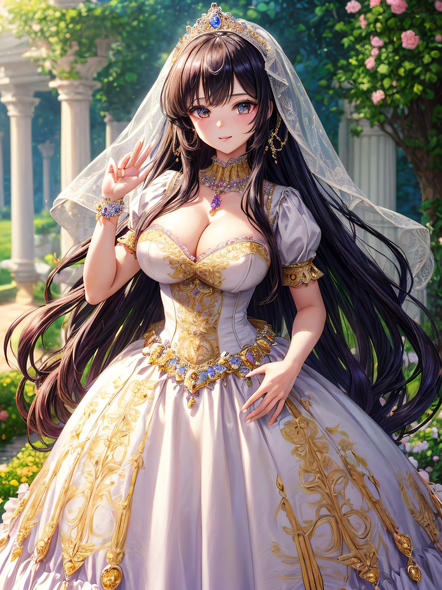 (masterpiece, best quality,extremely detailed,moe anime art style:1.2),1girl, (solo), cute, kawaii,digital art,((1 bling-bling anime princess wearing beautiful embroidery and jeweled gorgeous princess ballgown with voluminous full length hoop skirt)),((crinoline)),long train,voluminous frills,(gorgeous embroidery and beautiful lace),(very gigantic boobs,cleavage,skindentation),((shiny hair,absurdly voluminous straight hair,absurdly Long Hair)),(finely detailed face and eye),clear pupil,(bling-bling extremely gorgeousfull jeweled tiara),((bling-bling gorgeous gemstone jewelry)),long veil,((standing in beautiful garden)),flowers,flower petals flowing,standing pose,(dynamic angle),((beautiful embroidery and jeweled gorgeous princess ballgown with voluminous full length hoop skirt))