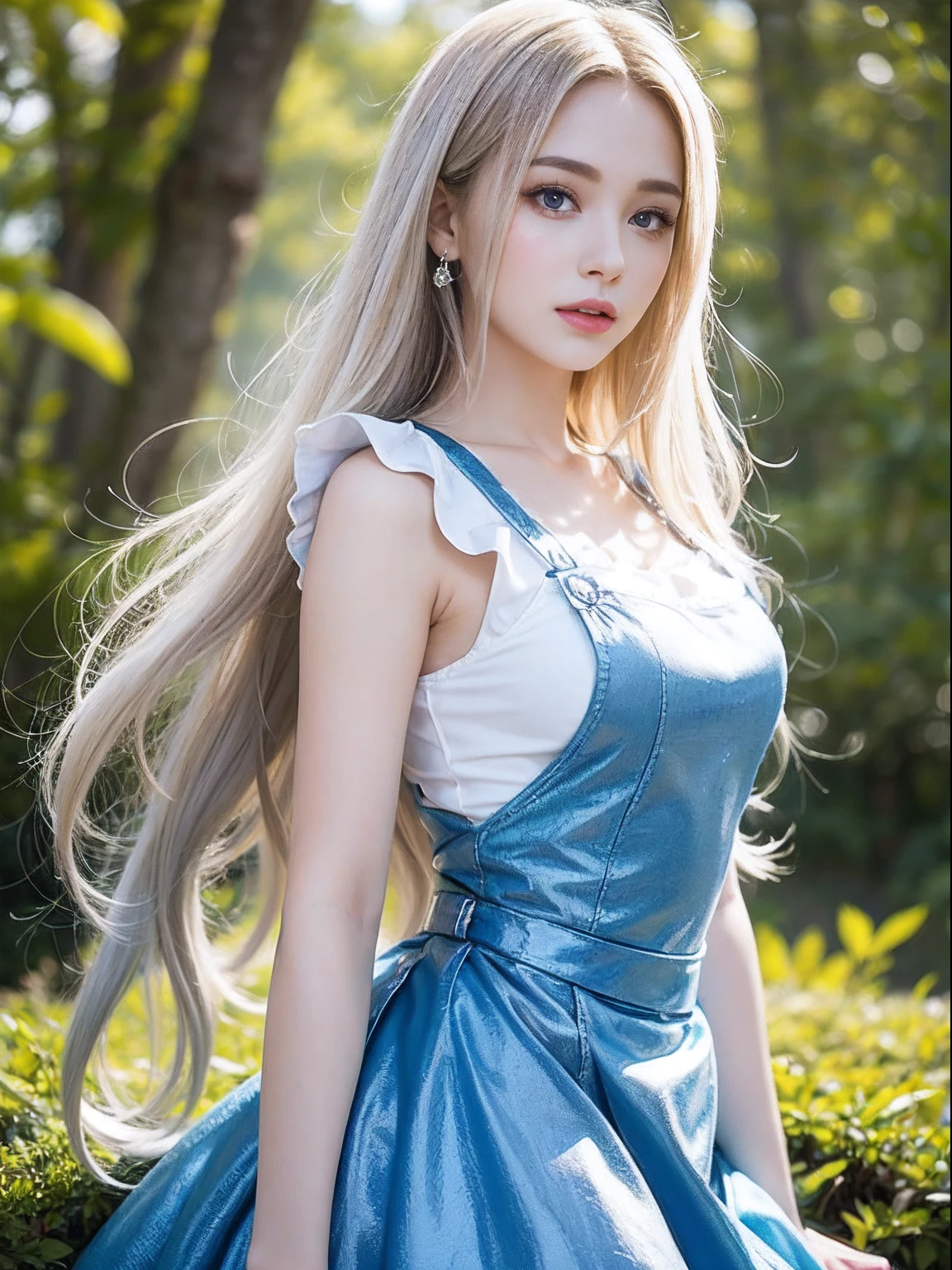 portlate、Alice in Wonderland、Blue sky、Bright and very beautiful face、Young shiny shiny white shiny skin、Best Looks、Platinum blonde hair with dazzling highlights、finer hair、beautiful long back hair that is very straight,、Super long silky straight hair、Beautiful bangs that shine、Glowing crystal clear big blue eyes、very beautiful nice beautiful girl、White Apron、Blue Dress