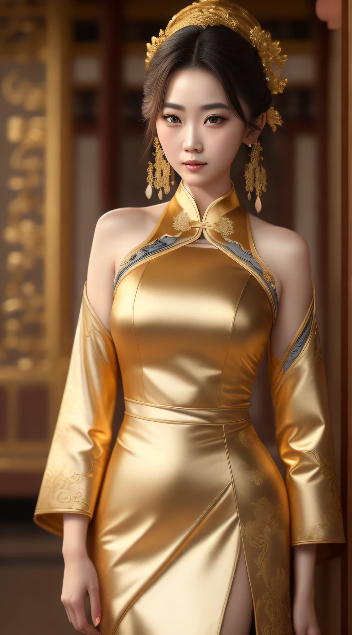 Best quality,masterpiece,ultra high res,(photorealistic:1.4),anime girl,shoulder,charming,Looking at the camera,Wuxi ,gold Chinese dress