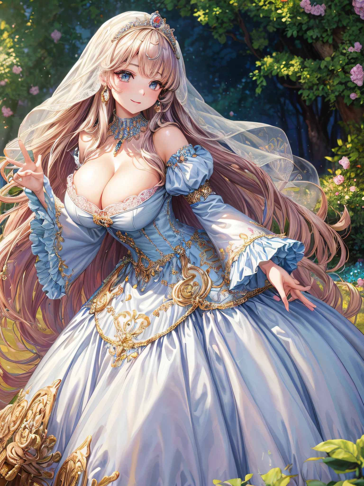 (masterpiece, best quality,extremely detailed,moe anime art style:1.2),1girl, (solo), cute, kawaii,digital art,((1 bling-bling anime princess wearing beautiful embroidery and jeweled gorgeous princess ballgown with voluminous full length hoop skirt)),((crinoline)),long train,voluminous frills,(gorgeous embroidery and beautiful lace),(very gigantic boobs,cleavage,skindentation),((shiny hair,absurdly voluminous straight hair,absurdly Long Hair)),(finely detailed face and eye),clear pupil,(bling-bling extremely gorgeousfull jeweled tiara),((bling-bling gorgeous gemstone jewelry)),long veil,((standing in beautiful garden)),flowers,flower petals flowing,standing pose,(dynamic angle),((beautiful embroidery and jeweled gorgeous princess ballgown with voluminous full length hoop skirt))