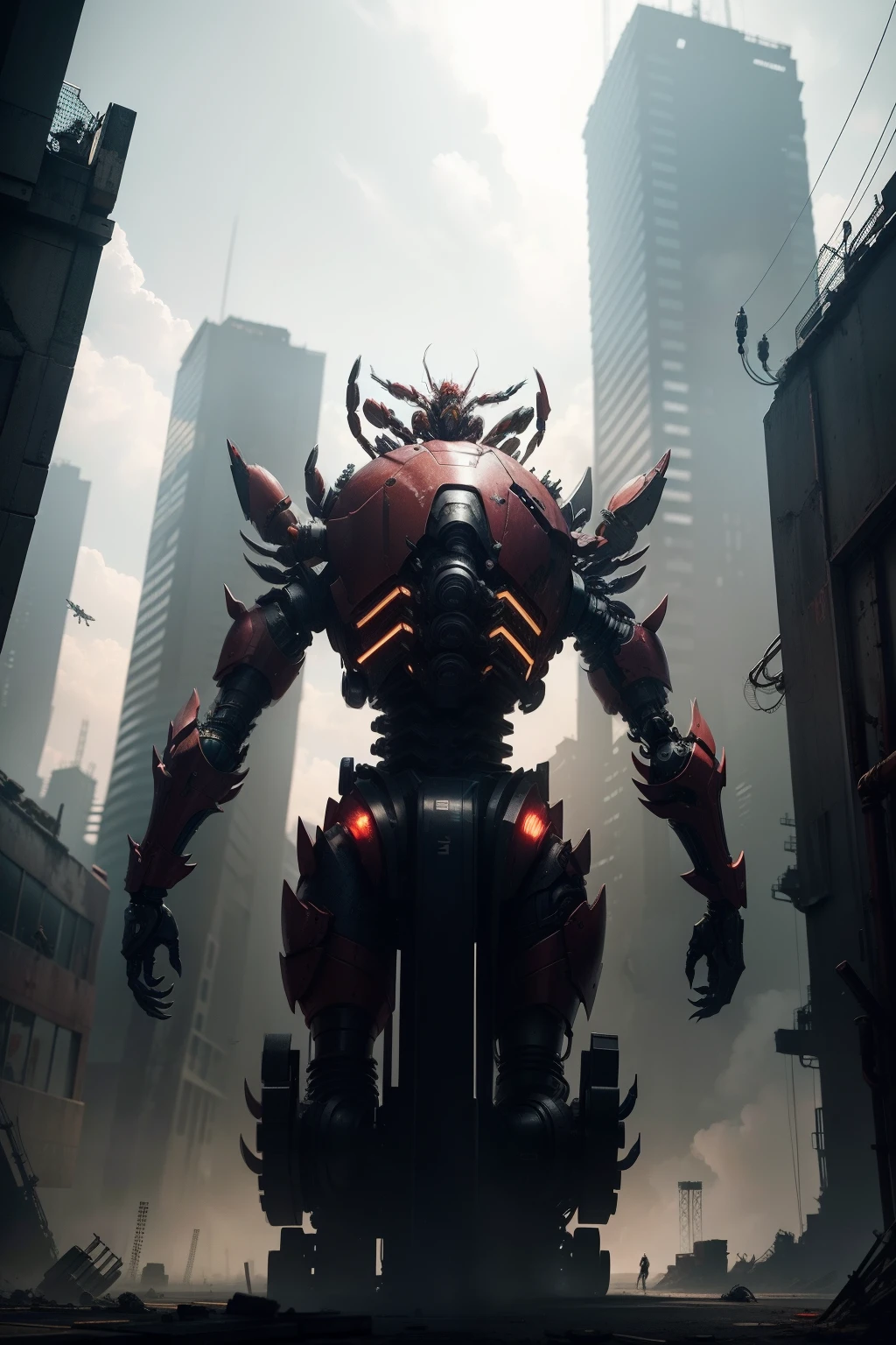 3's，Domineering crab，Mechanical crabs，the detail，cyber punk style，Cyborg standing on top of a crab，The angle of looking up，Background of industrial ruins，Screen 9:16，High rendering quality，4K