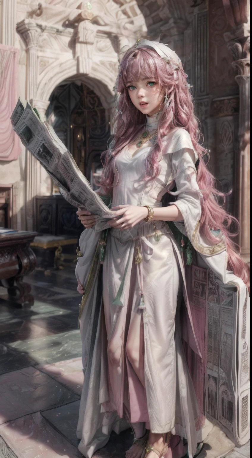 masterpiece, Highly detailed, super realistic, detailed background, bright Lighting, Daylight, beautiful face, beautiful eyes,
 medieval style, 4k, 8k, 1girl, solo, 
(14-years-old magical princess:1.2), (pretty face),(pink-wavy-hair and green-eyes:1.5),
wearing (White Archbishop's ceremonial long dress:1.5), (Golden bracelet), (tube top), (Necklace), (Jewelry), (slender:1.5),
 (small breasts), (pretty face), (****), (looking away),(Roman sandals:1.5),
(in the Royal Palace Living Room),(Standing up and reading the newspaper:1.5),
(surprised),(Open mouth),