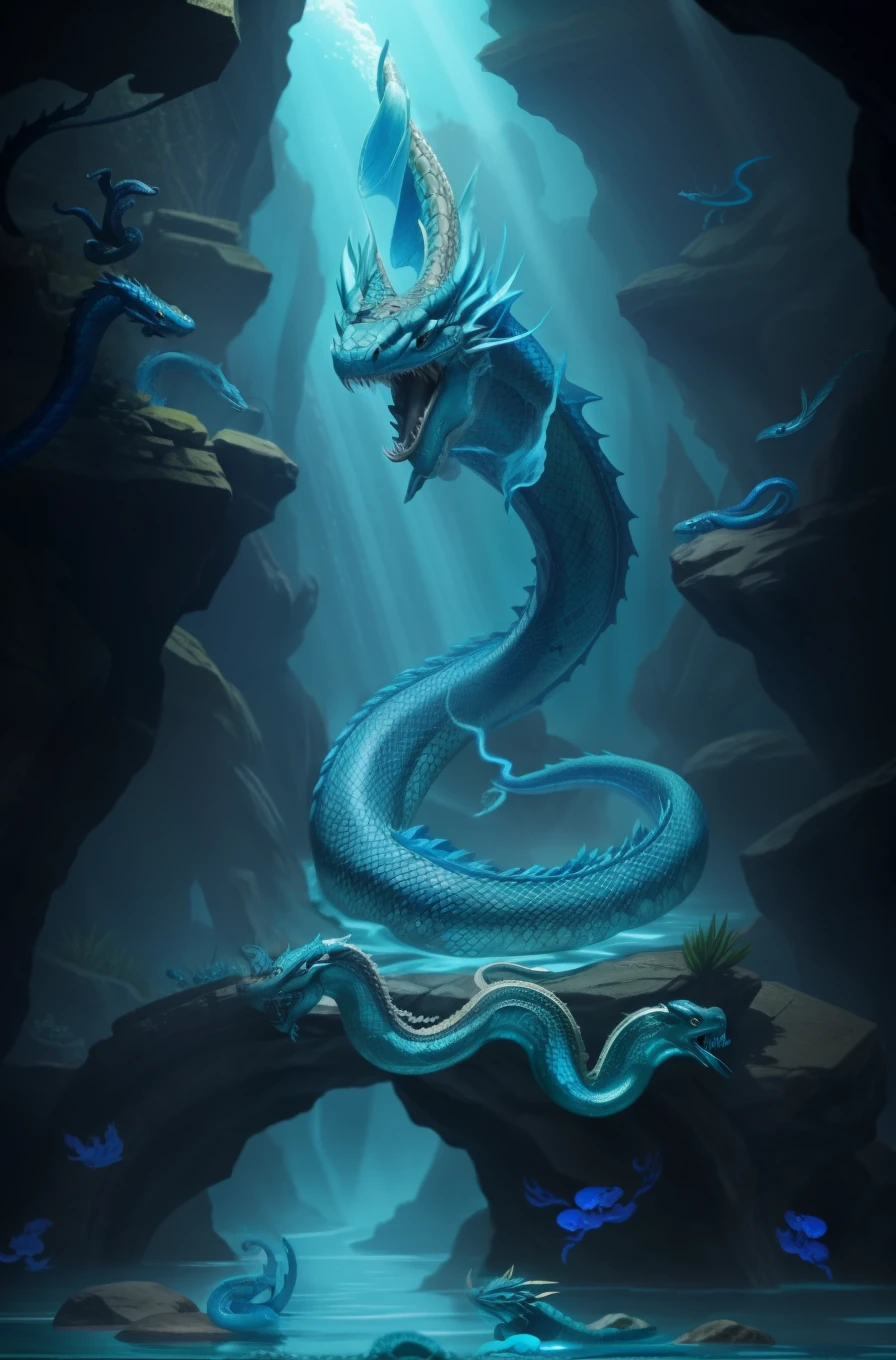 A blue serpent sits on a rock under water......, , Serpent-Tirr, snake, serpentine water monster, blue dragon, Blue Desinn, cyan chinese dragon fantasy, dmt god, Mythical Creatures, blue scaled dragon, water dragon, Sea Naga, The snake has very mysterious wings.........., Ethereal eel, Naga-Hakash