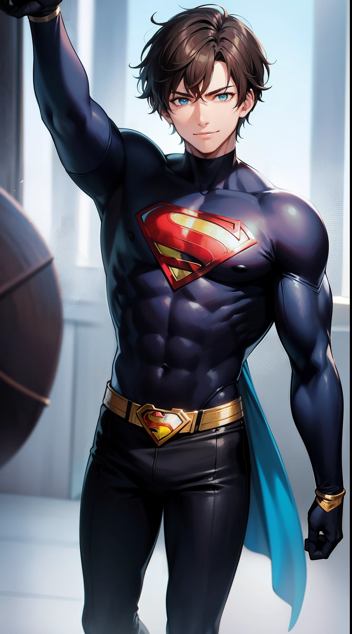 Young guy, short brown hair, Cyan eyes, brawn, Black Superman Costume, ssmile, Masterpiece, hiquality