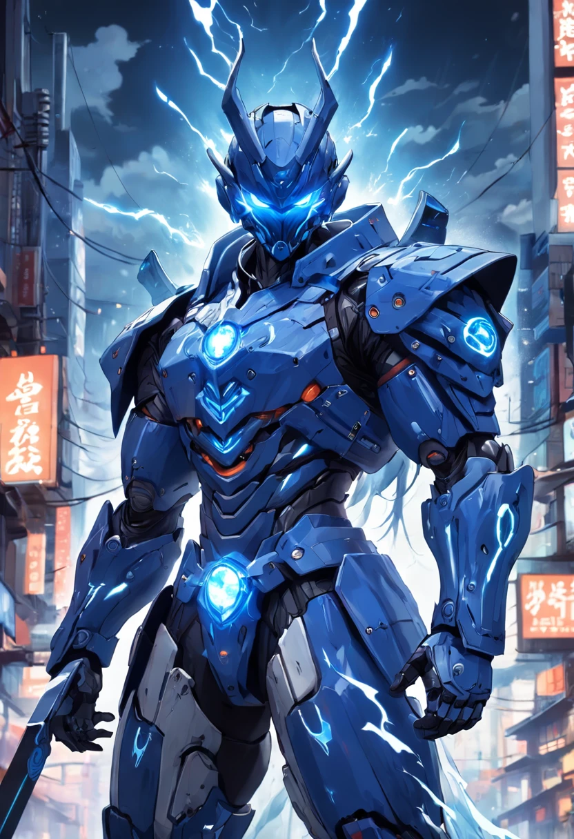 Blue Ghost Hunter, (Giant: 1.6), super cool ghost killer, wearing blue mechanical armor, surrounded by lightning, holding a samurai sword, standing in front, super detailed, realistic, shiny, reflective, bioluminescent, Galactic control mask, Mecha, (Hangman:1.2), Cape, SH4G0D, GlowingRunes_red, full body, movie, Dark background, backlight, high contrast, developed city