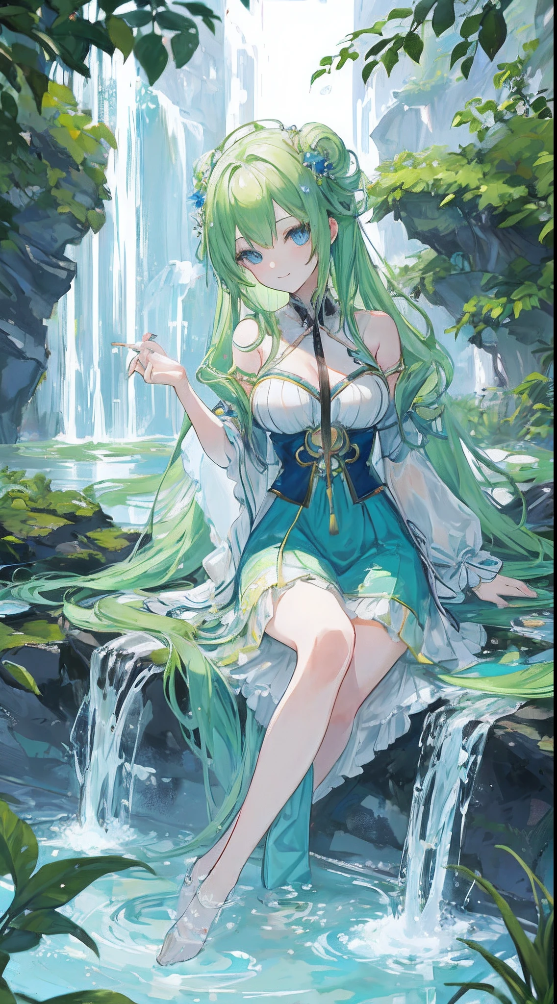 anime goddess with green-vibrant tied flowing hair, and blue charming eyes, she smiled beautifully and charmingly, she sat near the waterfall.
