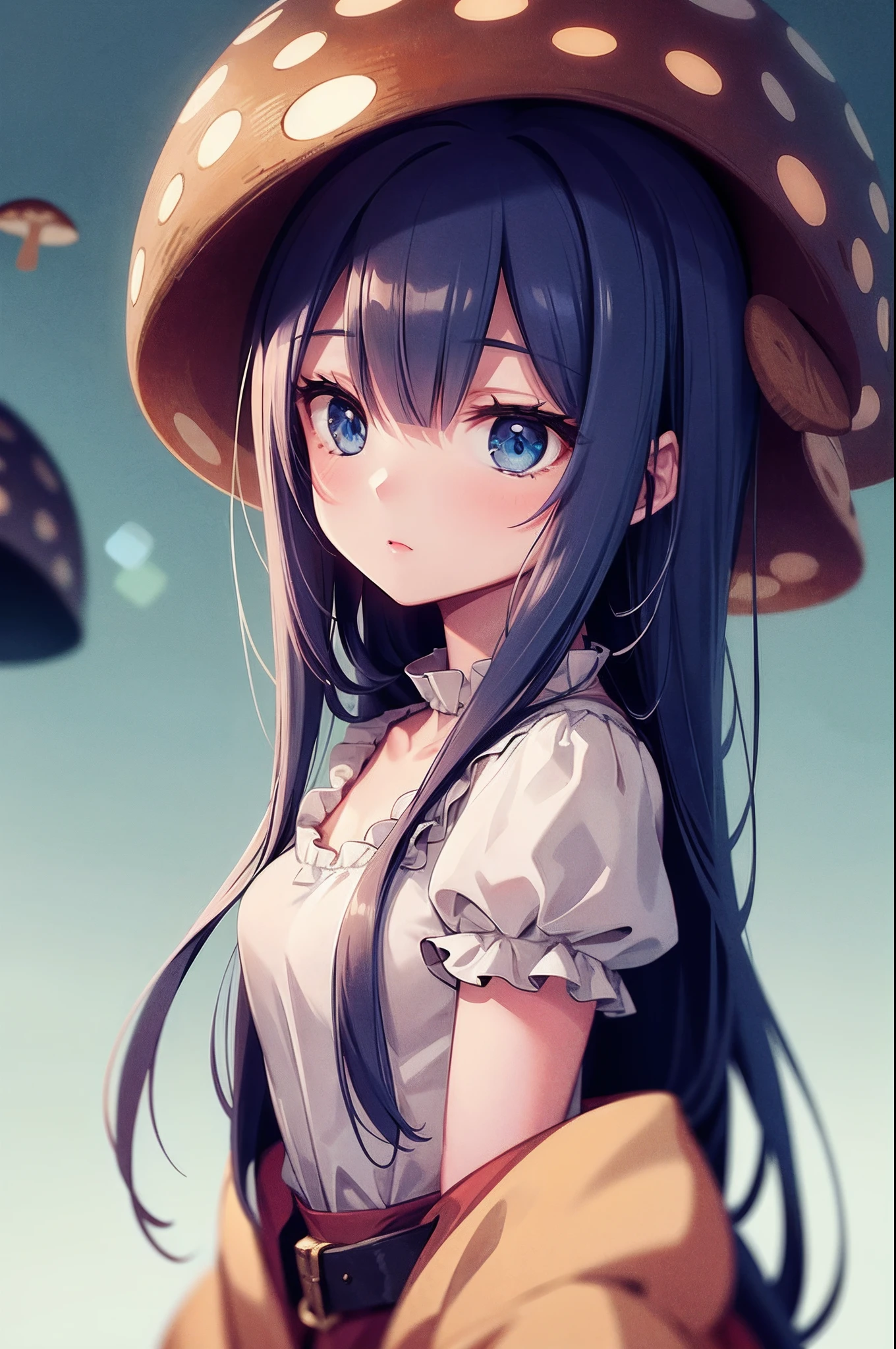 girl, blue eyes, long hair, soft focus, mushroom on head, cinematic lighting, cinematic composition, upper body,