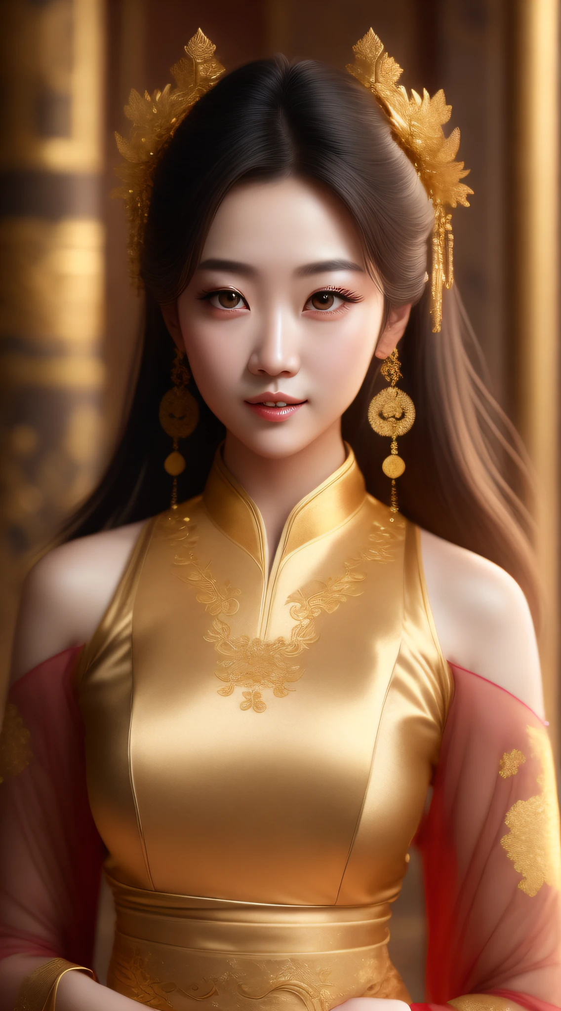 Best quality,masterpiece,ultra high res,(photorealistic:1.4),anime girl,shoulder,charming,Looking at the camera,Wuxi ,gold Chinese dress