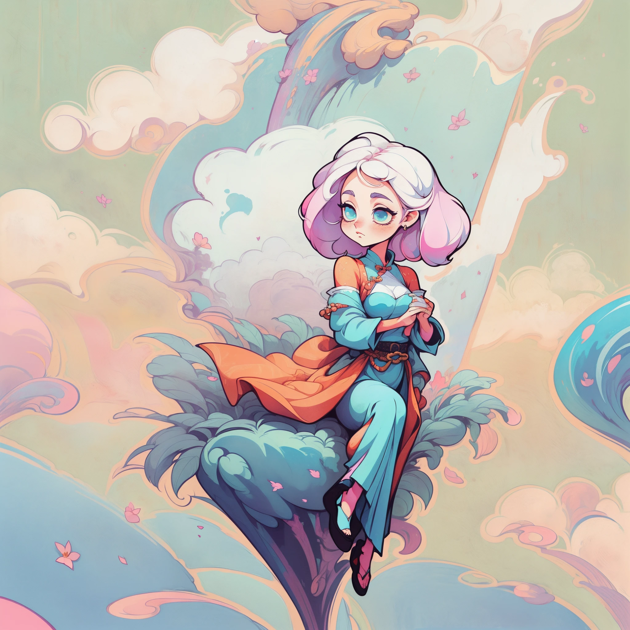 1 Sticker, manual, (Sticker, ((ung girl Sanrido)), ((high-quality CG, chinese painting style), (A woman who is), Full-body image, Character foot painting, Beautiful fairies dancing in the magnificent sky, Beautiful posture，big breasts beautiful, Beautiful appearance like flowers, wearing beautiful clothes, As the first snowdrop flower, The eyes sparkle happily,  aquarelle, white backgrounid, simple backgound, minimum, big breasts beautiful, small, Pastel color, vectorstyle, no gradien, cheia de luz, Brilliant surrounding magic array, Contains oriental aesthetics, Beautiful fairy costume, sophisticated posture, Hair grows like a waterfall, Flashing white light, Dream clouds, C4D, OC Render, Membrane edge light, fine glow, tmasterpiece, Super detail, Epic composition, Ultra HD, high high quality, 8K, aquarelle, white backgrounid, simple backgound, minimum, big breasts beautiful, small, Pastel color, vectorstyle, no gradien