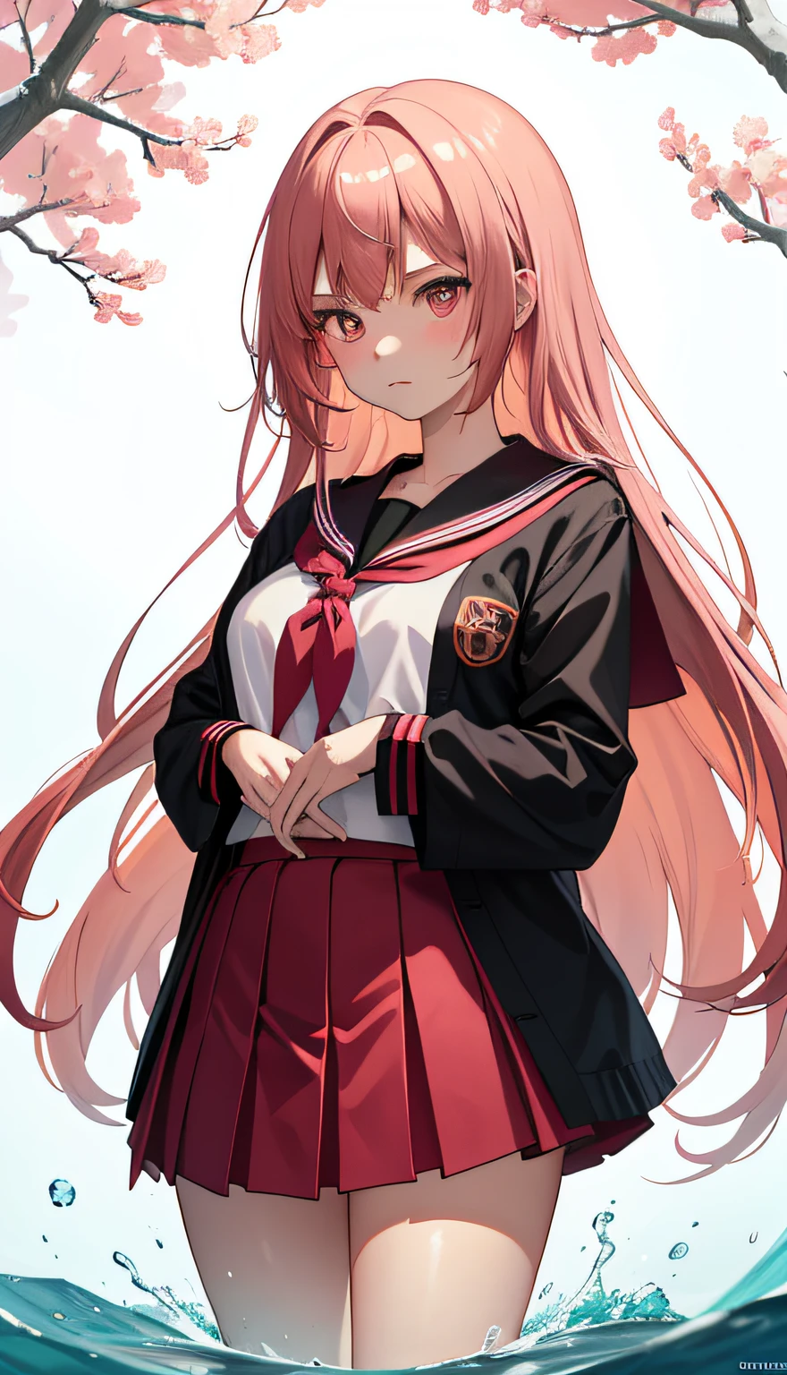 1个Giant Breast Girl,Look away slightly,Be red in the face,is shy,Mouth closed,Vivid expressions,Japanese high school uniform,Drenched uniform,serafuku,Sheer bra,Pink hair,long whitr hair,Light background
