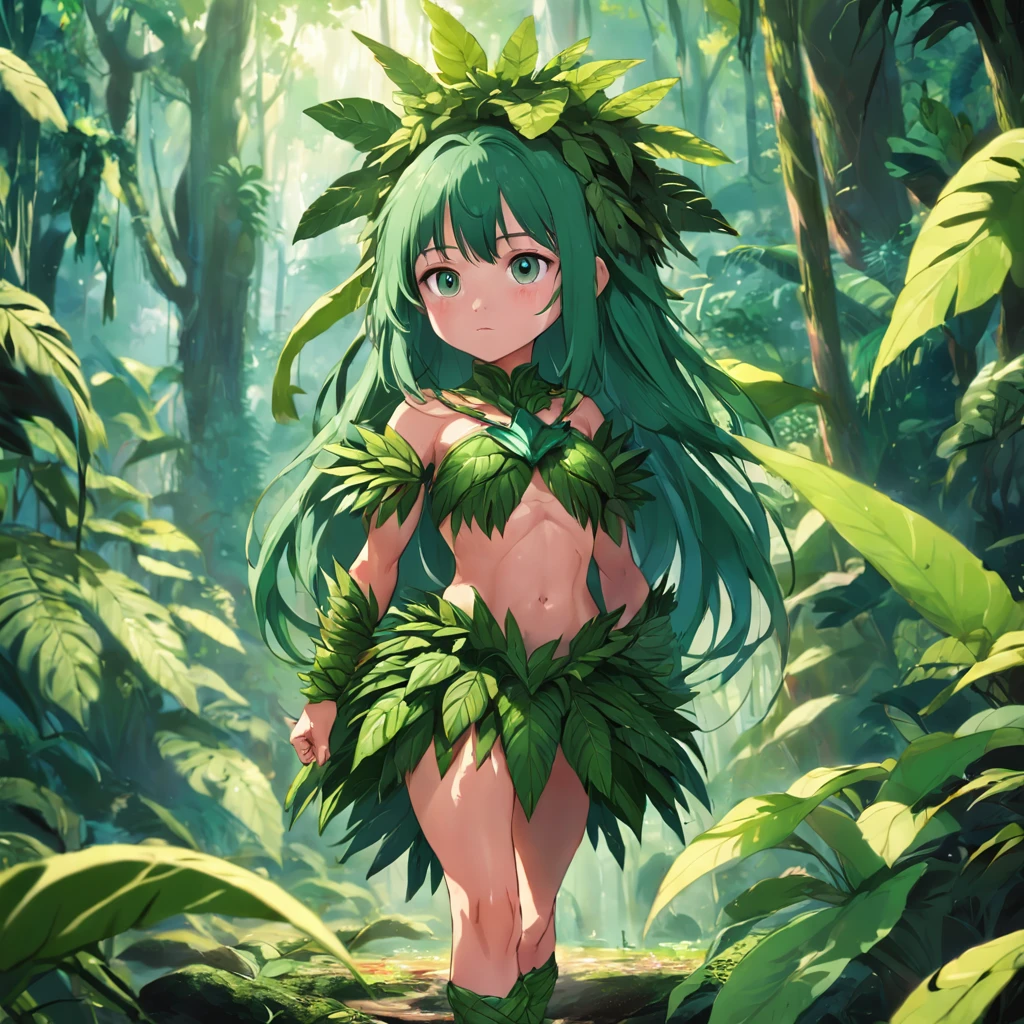 girl, dressed in clothes made of plants, child, amazon rainforest, amazon warrior, amazon guardian, strong, strong, pretty, cute, whole (body), whole (body), whole (body)