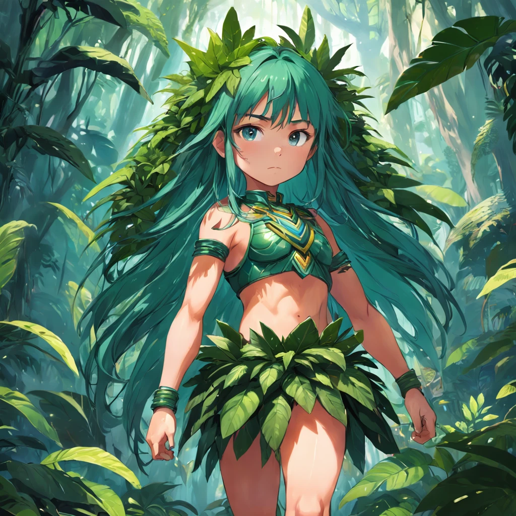 girl, dressed in clothes made of plants, , amazon rainforest, amazon warrior, amazon guardian, strong, strong, pretty, cute, whole (body), whole (body), whole (body)