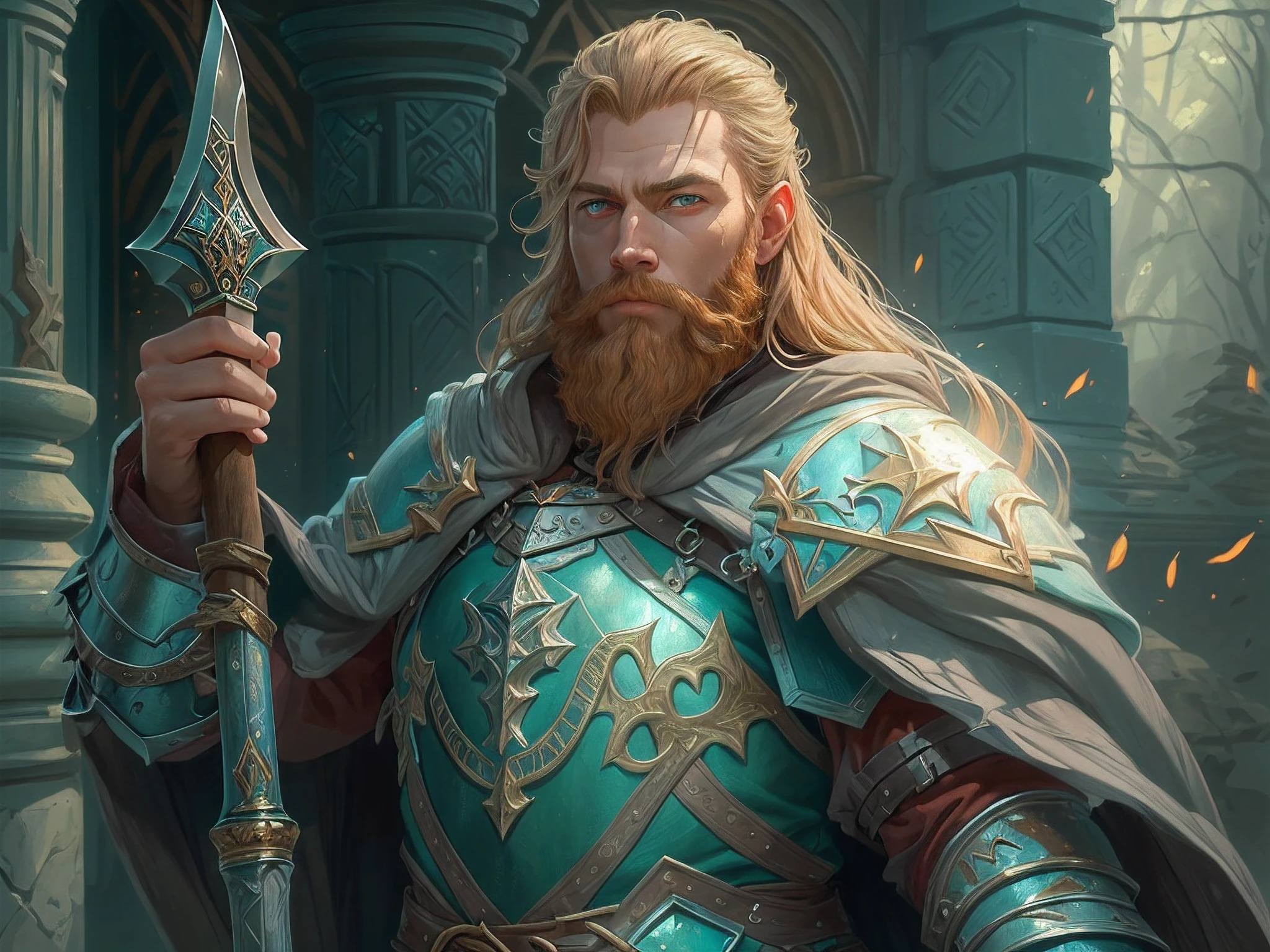 a picture of dwarf paladin of the crown protecting the palace, 1male dwarf, holy knight, protector of the crown, full body (best details, Masterpiece, best quality :1.5), blond hair, long hair, blond beard, full body (best details, Masterpiece, best quality :1.5), ultra detailed face (best details, Masterpiece, best quality :1.5), muscular, blond hair, long hair, braided hair, blue eyes, intense eyes, wearying heavy armor, white armor (best details, Masterpiece, best quality :1.5), purple cloak, flowing cloak, armed with an axe fantasyaxe axe, glowing axe, glowing runes on axe, GlowingRunes_paleblue,   fantasy palace background, D&D art, RPG art, magical atmosphere magic-fantasy-forest, ultra best realistic, best details, best quality, 16k, [ultra detailed], masterpiece, best quality, (extremely detailed), ultra wide shot, photorealism, depth of field, hyper realistic painting,
