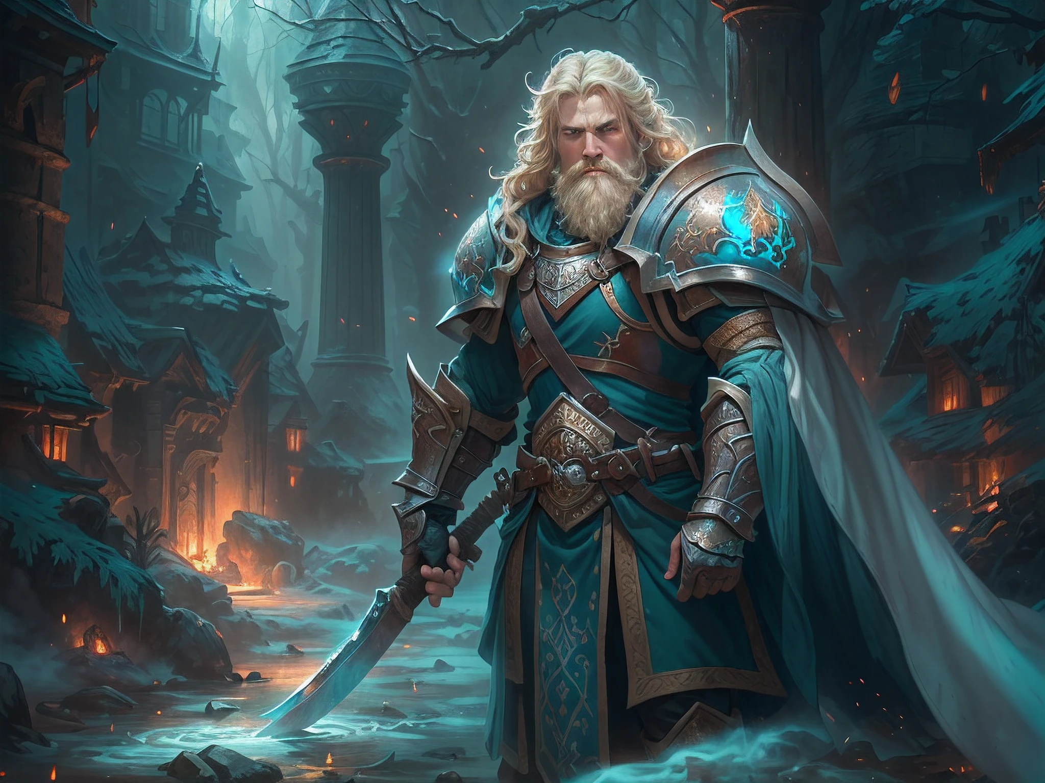 a picture of dwarf paladin of the crown protecting the palace, 1male dwarf, holy knight, protector of the crown, full body (best details, Masterpiece, best quality :1.5), blond hair, long hair, blond beard, full body (best details, Masterpiece, best quality :1.5), ultra detailed face (best details, Masterpiece, best quality :1.5), muscular, blond hair, long hair, braided hair, blue eyes, intense eyes, wearying heavy armor, white armor (best details, Masterpiece, best quality :1.5), purple cloak, flowing cloak, armed with an axe fantasyaxe axe, glowing axe, glowing runes on axe, GlowingRunes_paleblue,   fantasy palace background, D&D art, RPG art, magical atmosphere magic-fantasy-forest, ultra best realistic, best details, best quality, 16k, [ultra detailed], masterpiece, best quality, (extremely detailed), ultra wide shot, photorealism, depth of field, hyper realistic painting,