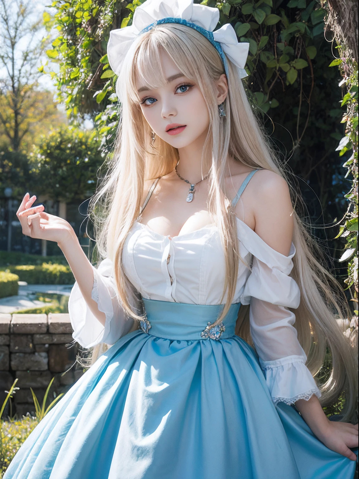 portlate、Alice in Wonderland、Blue sky、Bright and very beautiful face、Young shiny shiny white shiny skin、Best Looks、Platinum blonde hair with dazzling highlights、finer hair、beautiful long back hair that is very straight,,、Super long silky straight hair、Beautiful bangs that shine、Glowing crystal clear big blue eyes、very beautiful nice beautiful girl、White Apron、Blue Dress