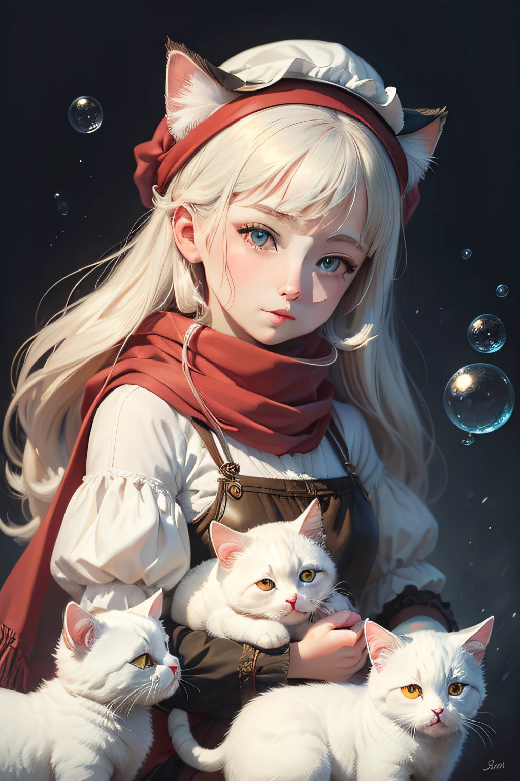 Thunder and the House of Magic crossover sprite sheet art, Its skin has a soft shade of sky blue, , and is extremely soft to the touch. Her fur is small and delicate, Kitty's eyes are large and bright, with sky blue irises that seem to capture the innocence and curiosity of the world around her, Kitty laughing, wearing a crimson red scarf, colorful colors surrounded by bubbles of water, Kawacy style, raw art, watercolor oil painting drawn in anime style, head close-up, painting of a white cat wearing a red scarf and a red hat, adorable digital painting, cute digital art, cute detailed digital art , Cat. digital painting, White Cat, cute cat, realistic anime cat, an oil painting of a kitten, cute art, anime cat, very beautiful cute kitten, white cat girl, cat portrait painting, Jana Brike Art, best quality, high level detail portrait of cute cat, young, fantasy, beautiful, fantasy, illustration, chibi art, painting by Gaston Busiere, j. w. leyendecker, squint, soft, oil paint, eyes with lots of detail, delicate face, highly focused, hd, 8k