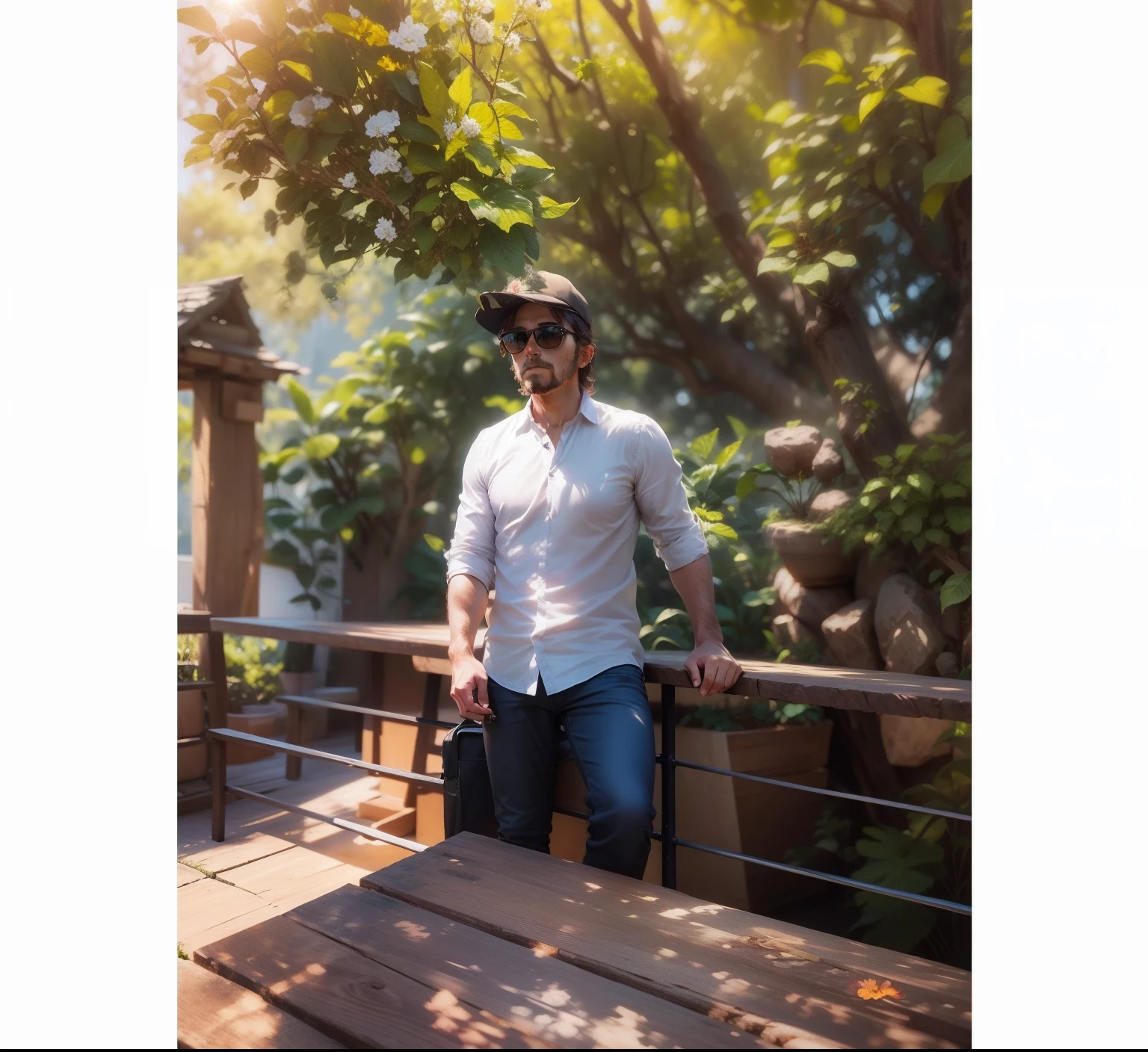 Change background to a natural place, some sunlight on the sky, flower base on the tables, sunglass on my eye's, realistic, 8k realistic picture