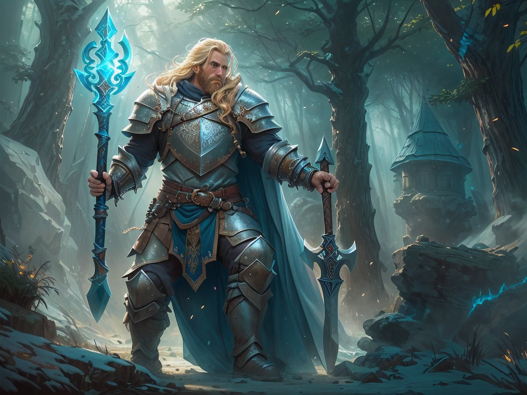 a picture of dwarf paladin of the crown protecting the palace, 1male dwarf, holy knight, protector of the crown, full body (best details, Masterpiece, best quality :1.5), blond hair, long hair, blond beard, full body (best details, Masterpiece, best quality :1.5), ultra detailed face (best details, Masterpiece, best quality :1.5), muscular, blond hair, long hair, braided hair, blue eyes, intense eyes, wearying heavy armor, white armor (best details, Masterpiece, best quality :1.5), purple cloak, flowing cloak, armed with an axe fantasyaxe axe, glowing axe, glowing runes on axe, GlowingRunes_paleblue,   fantasy palace background, D&D art, RPG art, magical atmosphere magic-fantasy-forest, ultra best realistic, best details, best quality, 16k, [ultra detailed], masterpiece, best quality, (extremely detailed), ultra wide shot, photorealism, depth of field, hyper realistic painting,