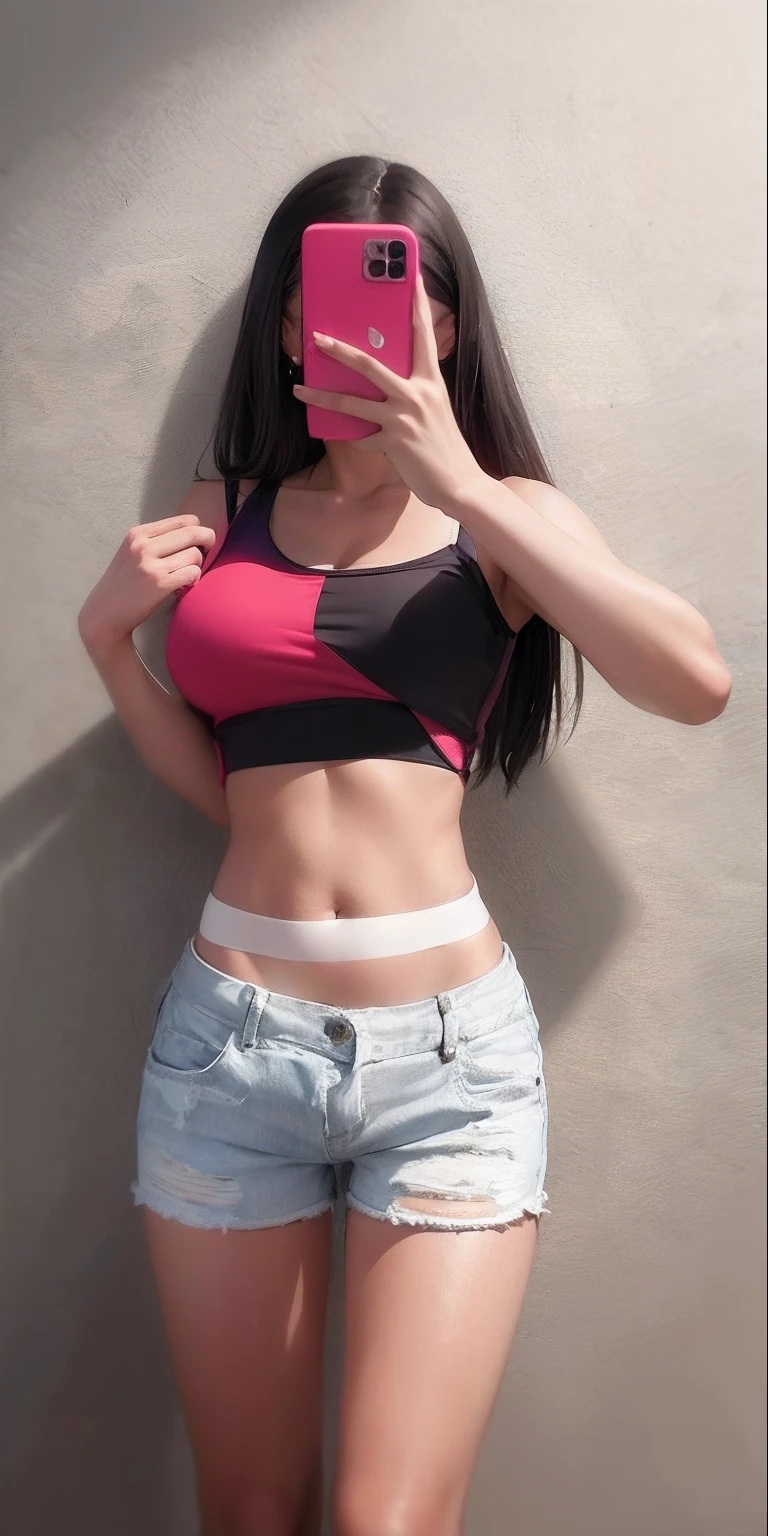 a close up of a woman taking a selfie with a cell phone, wearing sexy cropped top, Physical : tinyest midriff ever, wearing a vest, with ripped crop t - shirt, wearing a low cut tanktop, wearing tight simple clothes, 2 4  old female model, wearing a cute top, wearing a vest, wearing a crop top