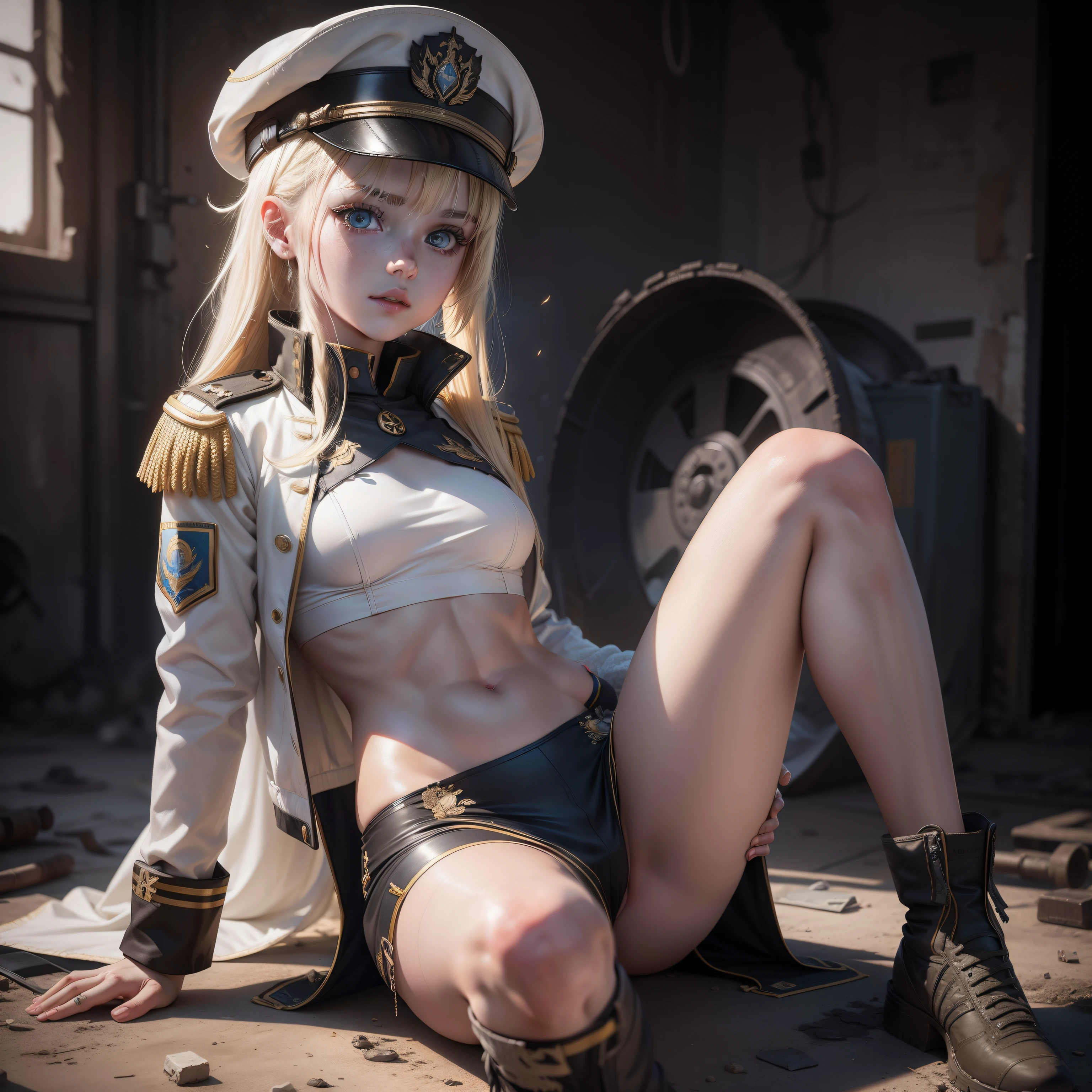 ukrainian girl , Ukrainian anime girls , , Ukraine , Full body composition of young girl with messy bright blonde hair, crouching down,eye make up, 13 year old, Soft lighting, Solo, Old torn dirty shabby futuristic military uniform, badges, Pose, Blotch color, Octane Render, Hyperrealistic intricate detail, Cinematic, 8K resolution, 70mm, Accent Lighting, Global Illumination, Full body portrait, clean detailed faces, intricate clothing, Cute face, flat chest, Slim waist, Slim legs, small hips,Show white cloth underwear,Wear military caps diagonally,show breast,