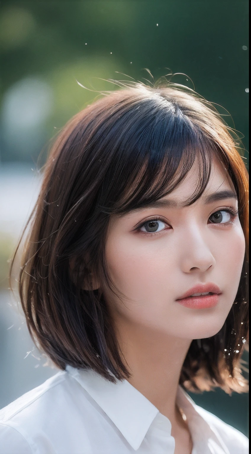 ((Best Quality, 8K, Masterpiece: 1.3)), Sharp: 1.2, Perfect Body Beauty: 1.4, Slim Abs: 1.2, ((Layered Hairstyle, Big Breasts: 1.2)), (Wet White open Button Long Shirt: 1.1), (Rain, Street: 1.2), Wet: 1.5, Highly detailed face and skin texture, detailed eyes, double eyelids, looking at the camera