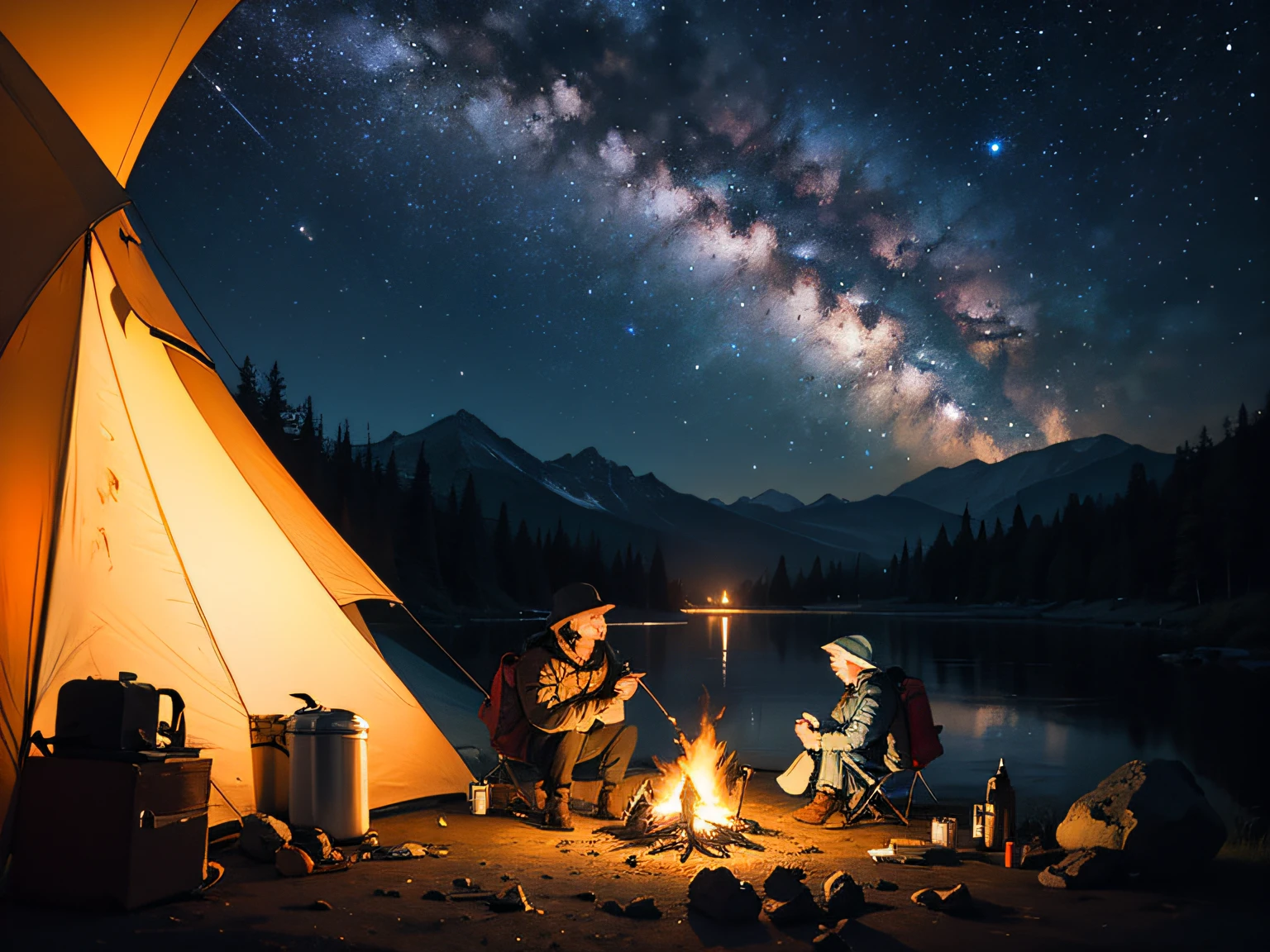 masterpiece, best quality, ultra-detailed, illustration, 1man, solo, outdoors, camping, night, mountains, nature, stars, moon, bonfire, tent, skinhead, brown eyes, cheerful, happy, backpack, sleeping bag, camping stove, water bottle, mountain boots, gloves, sweater, hat, flashlight, forest, rocks, river, wood, smoke, shadows, contrast, clear sky, constellations, Milky Way, peaceful, serene, quiet, tranquil, remote, secluded, adventurous, exploration, escape, independence, survival, resourcefulness, challenge, perseverance, stamina, endurance, observation, intuition, adaptability, creativity, imagination, artistry, inspiration, beauty, awe, wonder, gratitude, appreciation, relaxation, enjoyment, rejuvenation, mindfulness, awareness, connection, harmony, balance, texture, detail, realism, depth, perspective, composition, color, light, shadow, reflection, refraction, tone, contrast, foreground, middle ground, background, naturalistic, figurative, representational, impressionistic, expressionistic, abstract, innovative, experimental, unique