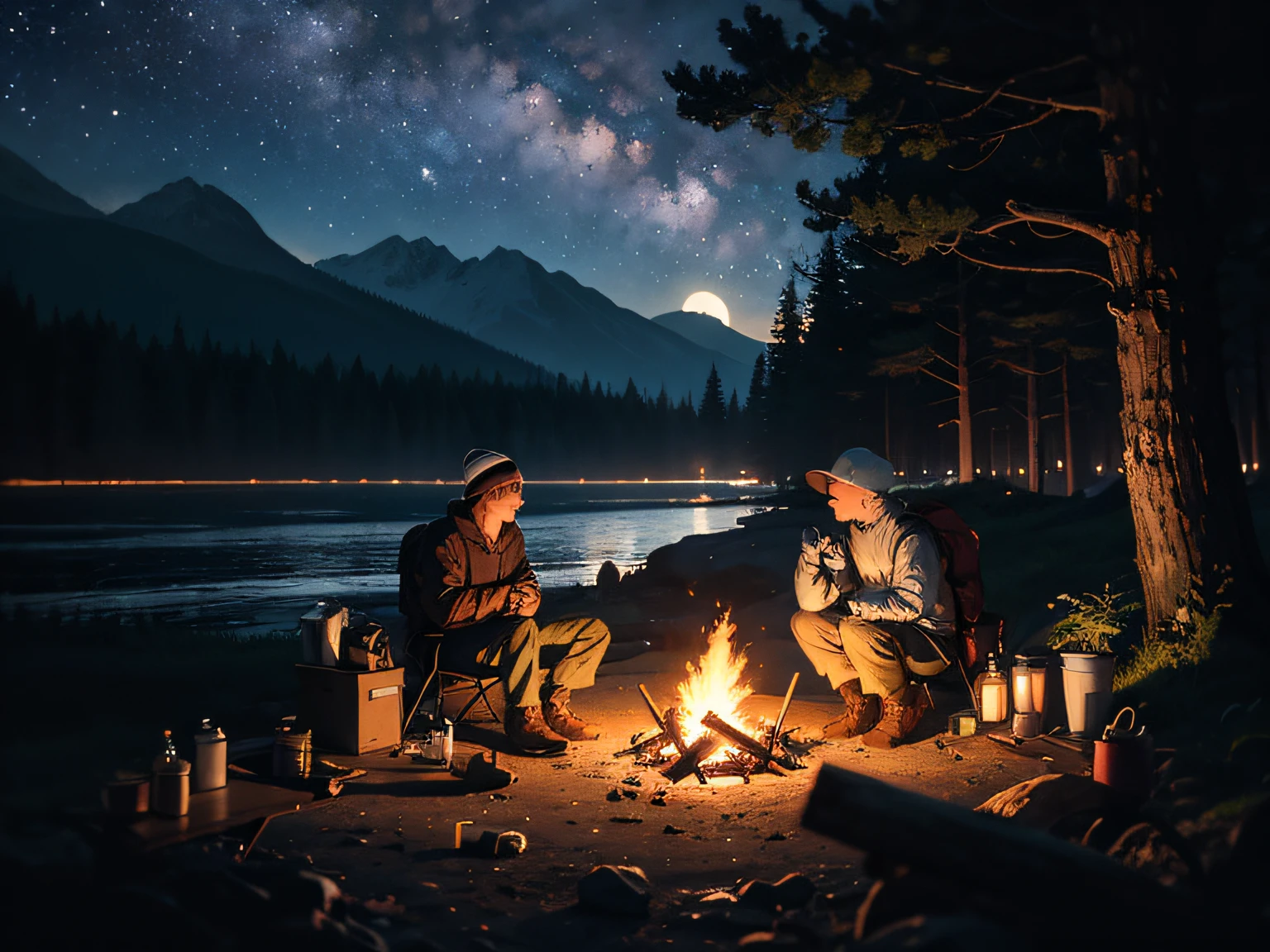 masterpiece, best quality, ultra-detailed, illustration, 1man, solo, outdoors, camping, night, mountains, nature, stars, moon, bonfire, tent, skinhead, brown eyes, cheerful, happy, backpack, sleeping bag, camping stove, water bottle, mountain boots, gloves, sweater, hat, flashlight, forest, rocks, river, wood, smoke, shadows, contrast, clear sky, constellations, Milky Way, peaceful, serene, quiet, tranquil, remote, secluded, adventurous, exploration, escape, independence, survival, resourcefulness, challenge, perseverance, stamina, endurance, observation, intuition, adaptability, creativity, imagination, artistry, inspiration, beauty, awe, wonder, gratitude, appreciation, relaxation, enjoyment, rejuvenation, mindfulness, awareness, connection, harmony, balance, texture, detail, realism, depth, perspective, composition, color, light, shadow, reflection, refraction, tone, contrast, foreground, middle ground, background, naturalistic, figurative, representational, impressionistic, expressionistic, abstract, innovative, experimental, unique