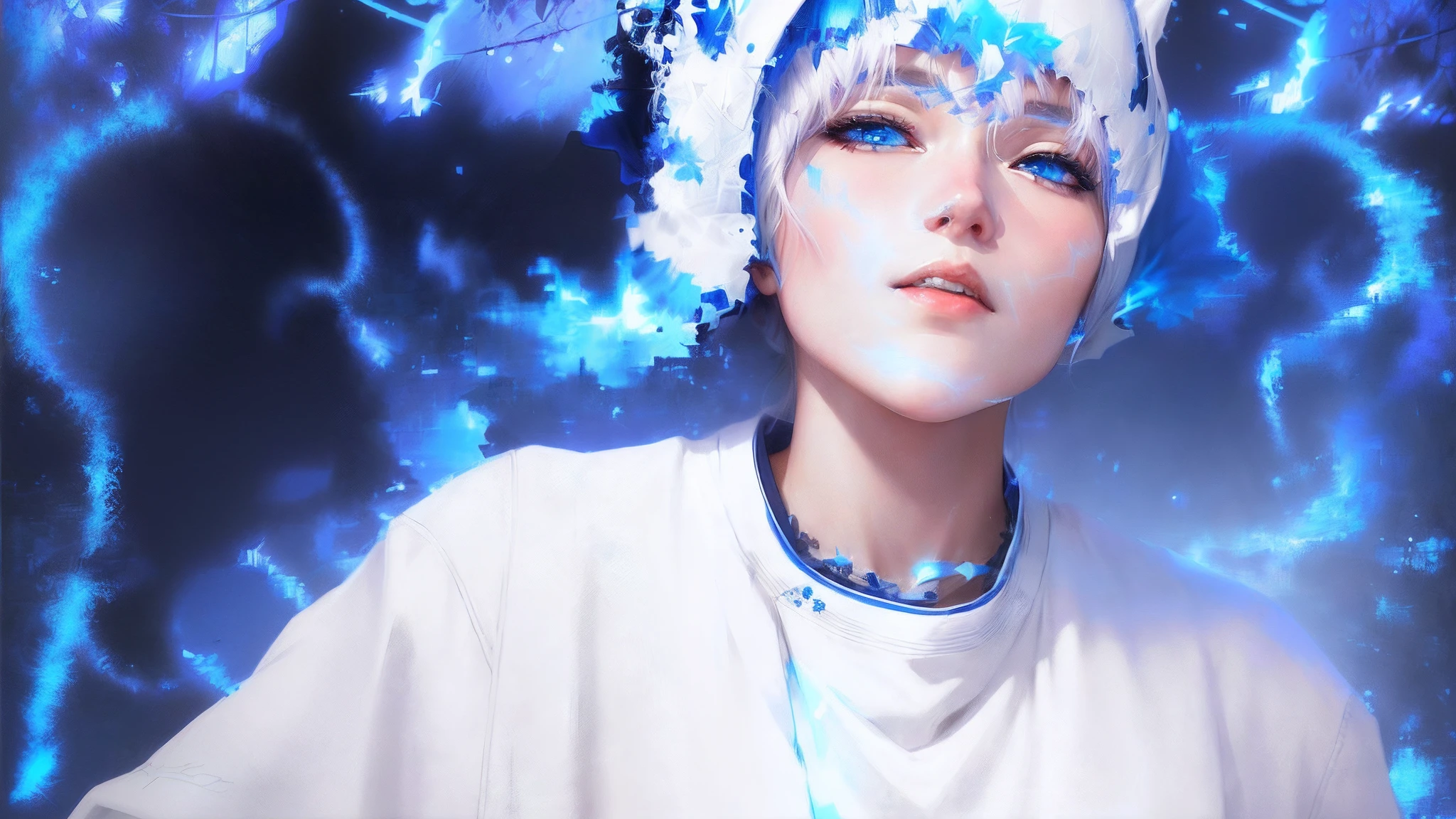 Anime girl with blue eyes and white hood and white hair, gwise style artwork made by anime painter studio, detailed portrait of anime girl, stunning anime face portrait, gwaiz, beautiful anime portrait, gwigwigs from art station pixiv, portrait anime girl, gwigs from pixiv oil painting