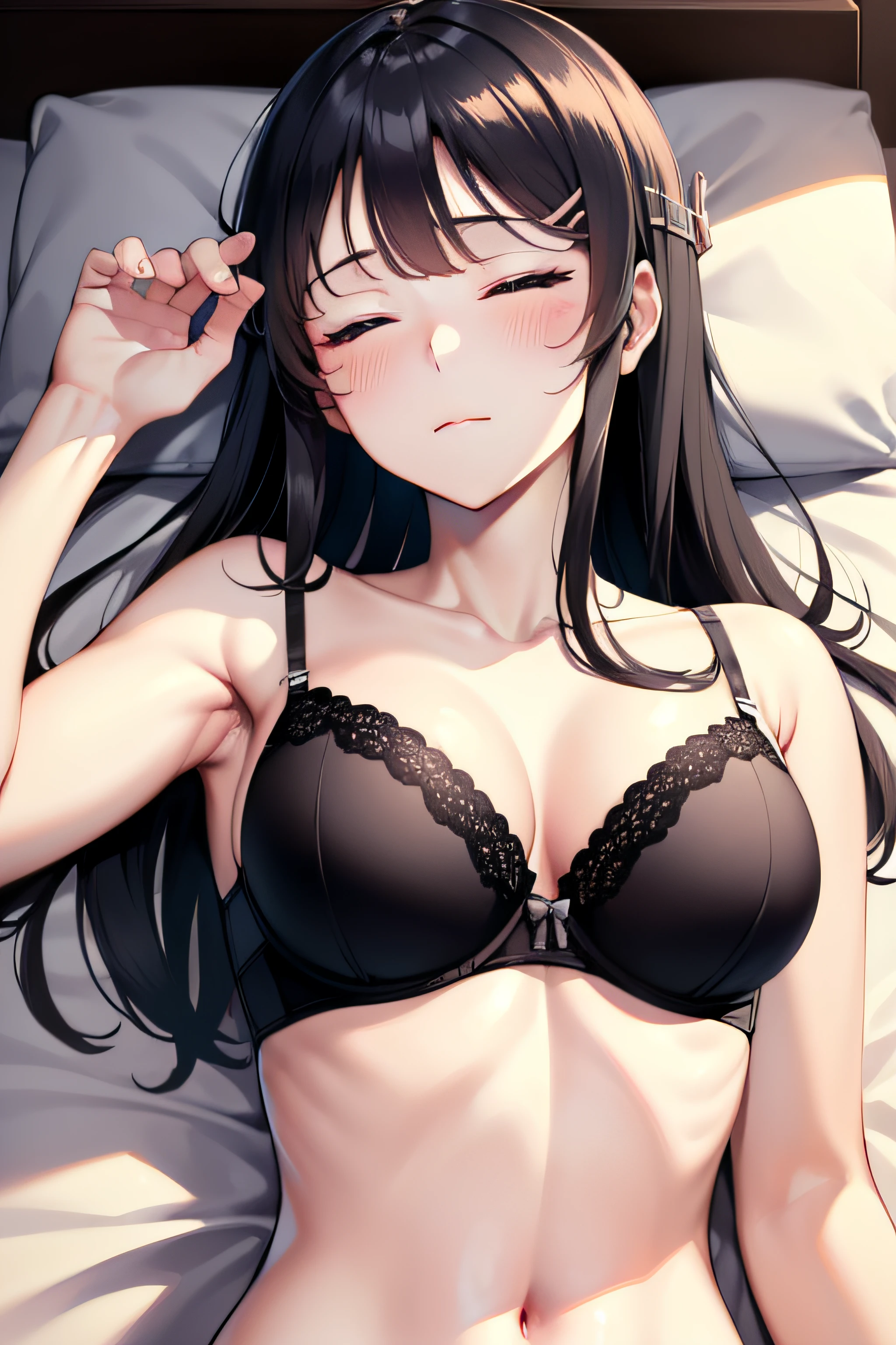 ((masterpiece, best quality, highres, UHD, perfect pixel)), Sakurajima mai, long hair, bangs, black hair, ((smooth texture:0.95, detailed face)), ((medium breasts, cleavage)), (indoor, bedroom), busty, perfect body, ((fall asleep on the bed, supine, sleep beauty, closed eyes, closed mouth)), ((close up, POV, shot on face)), blushing, ((bra, lingerie)), natural light