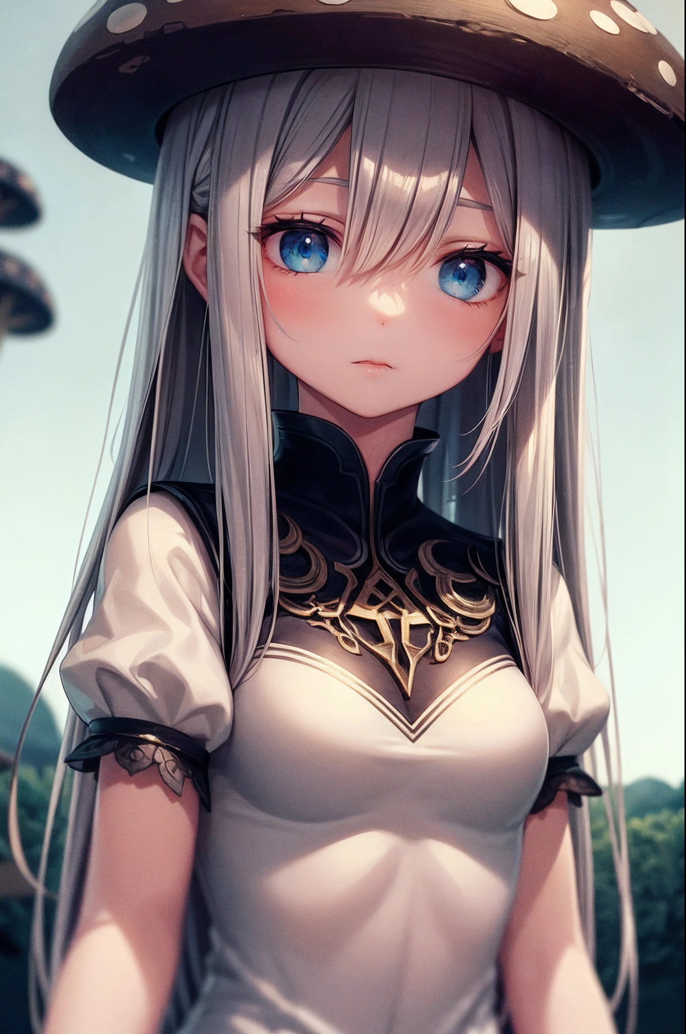 girl, blue eyes, long hair, soft focus, mushroom on head, cinematic lighting, cinematic composition, upper body,